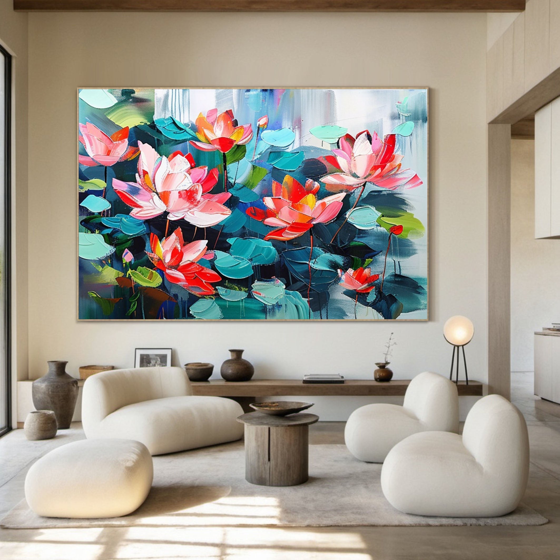 Large Lotus Flower Wall Art Vibrant Canvas Painting  #FB011