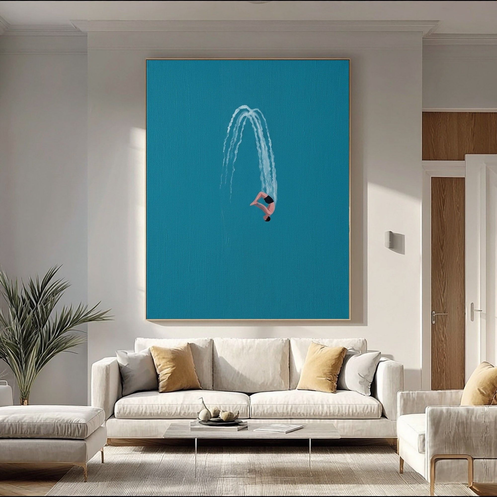 Large Minimalist Diver Wall Art Modern Swimming Oil Painting Coastal Decor