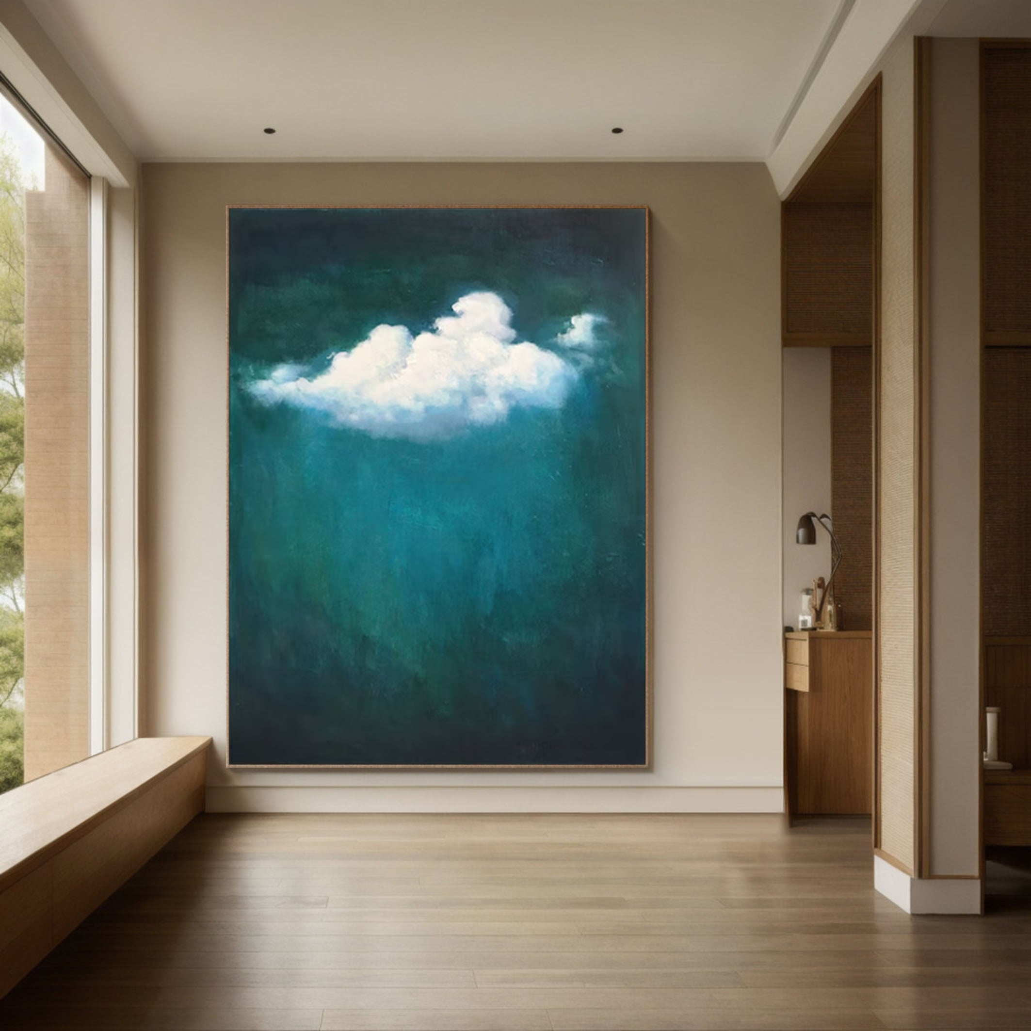 Modern Nature-Inspired Green and Cloud Canvas Art #SP005