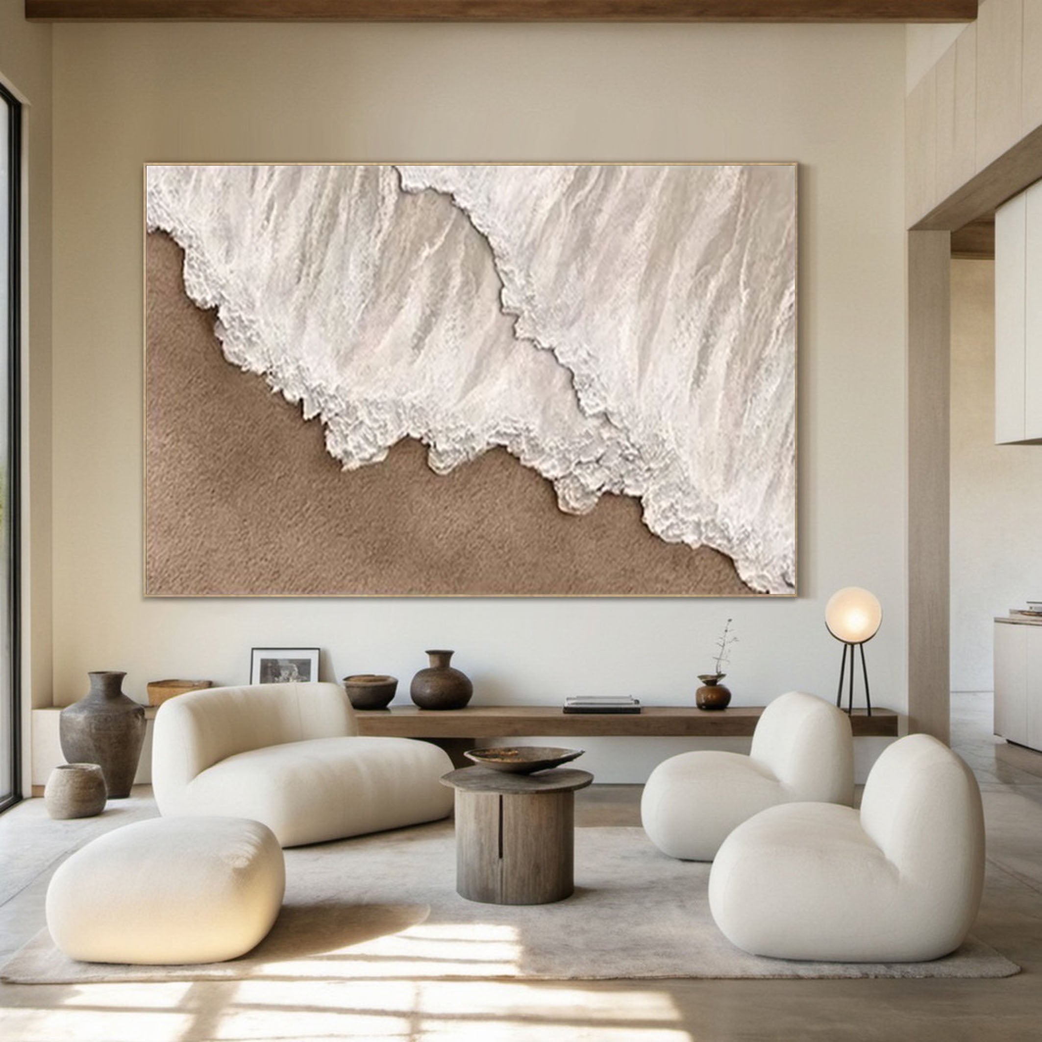 Dynamic Coastal Art with White and Sandy Tones #OP060