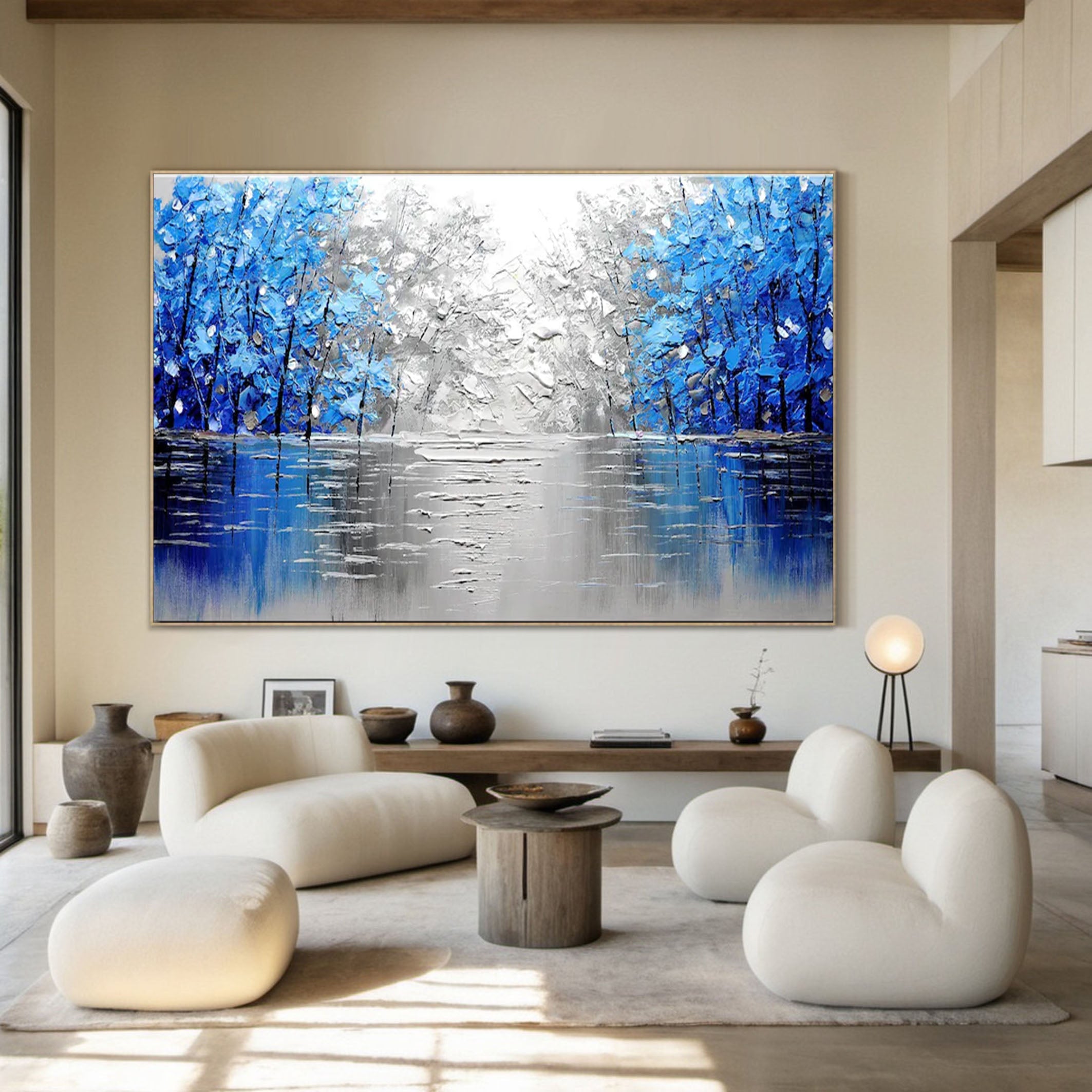 Mystical Blue and Silver Forest Painting for Modern Homes