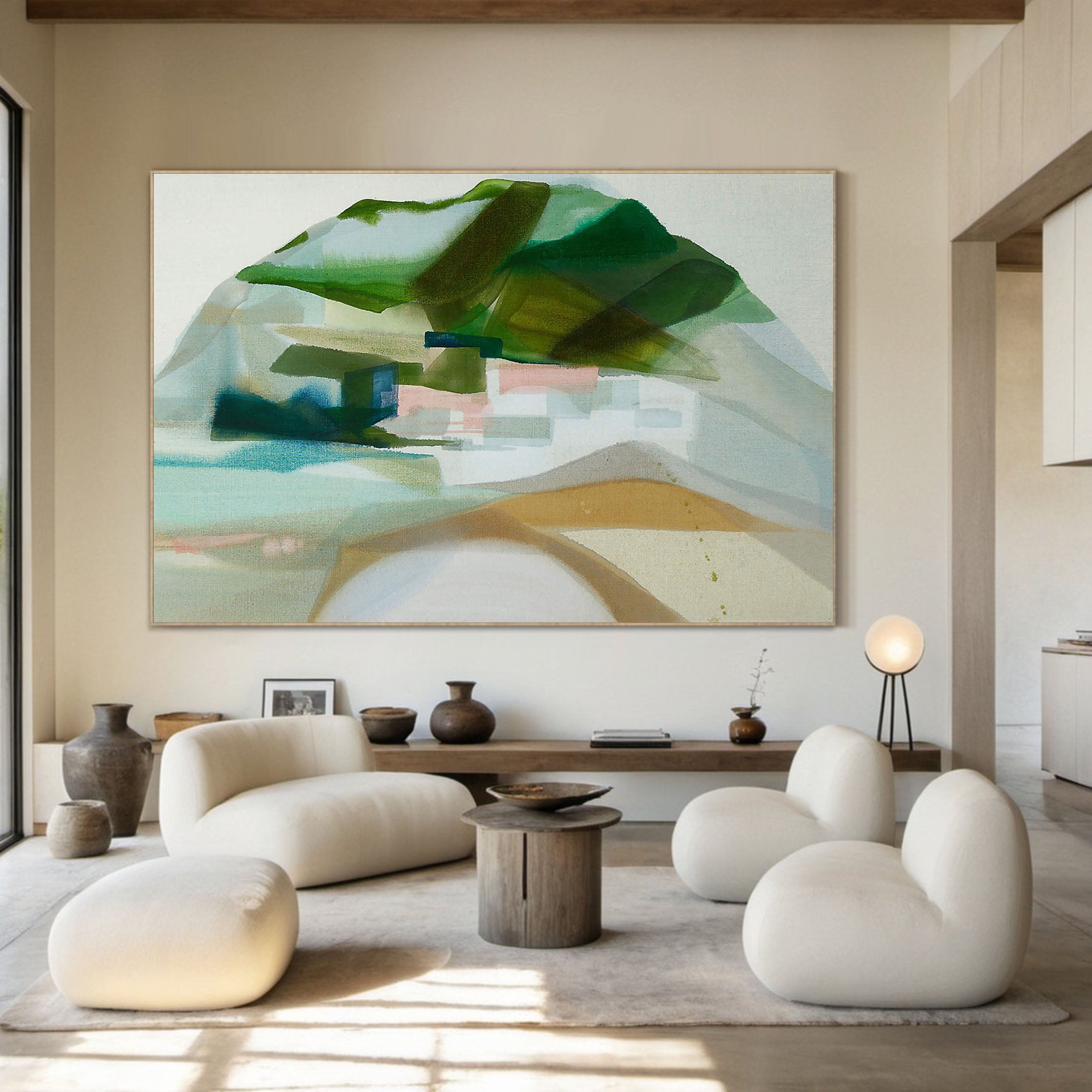 Large Muted Green and Beige Landscape Abstract Wall Art #MM370