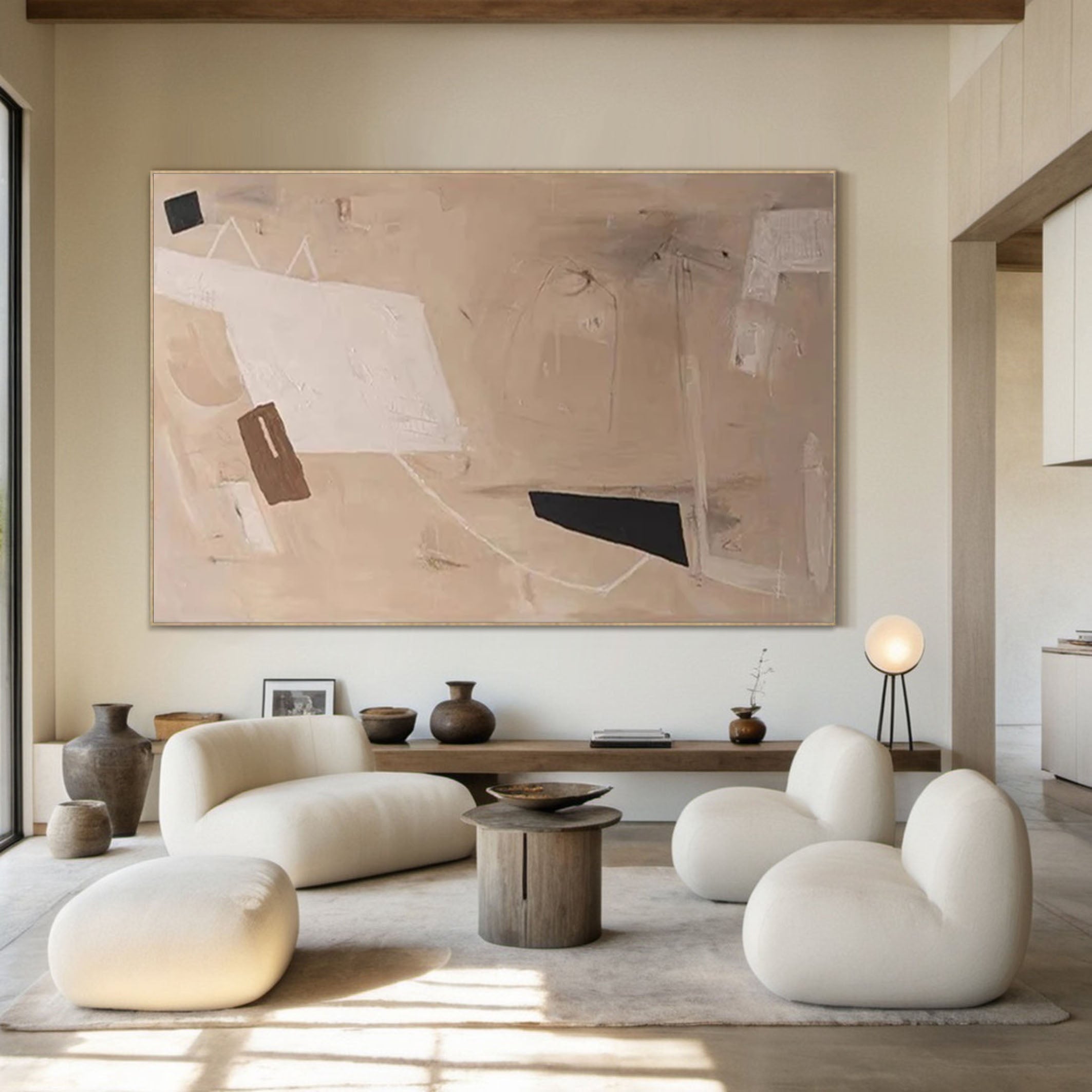 Neutral Abstract Wall Art with Geometric Accents #AB050