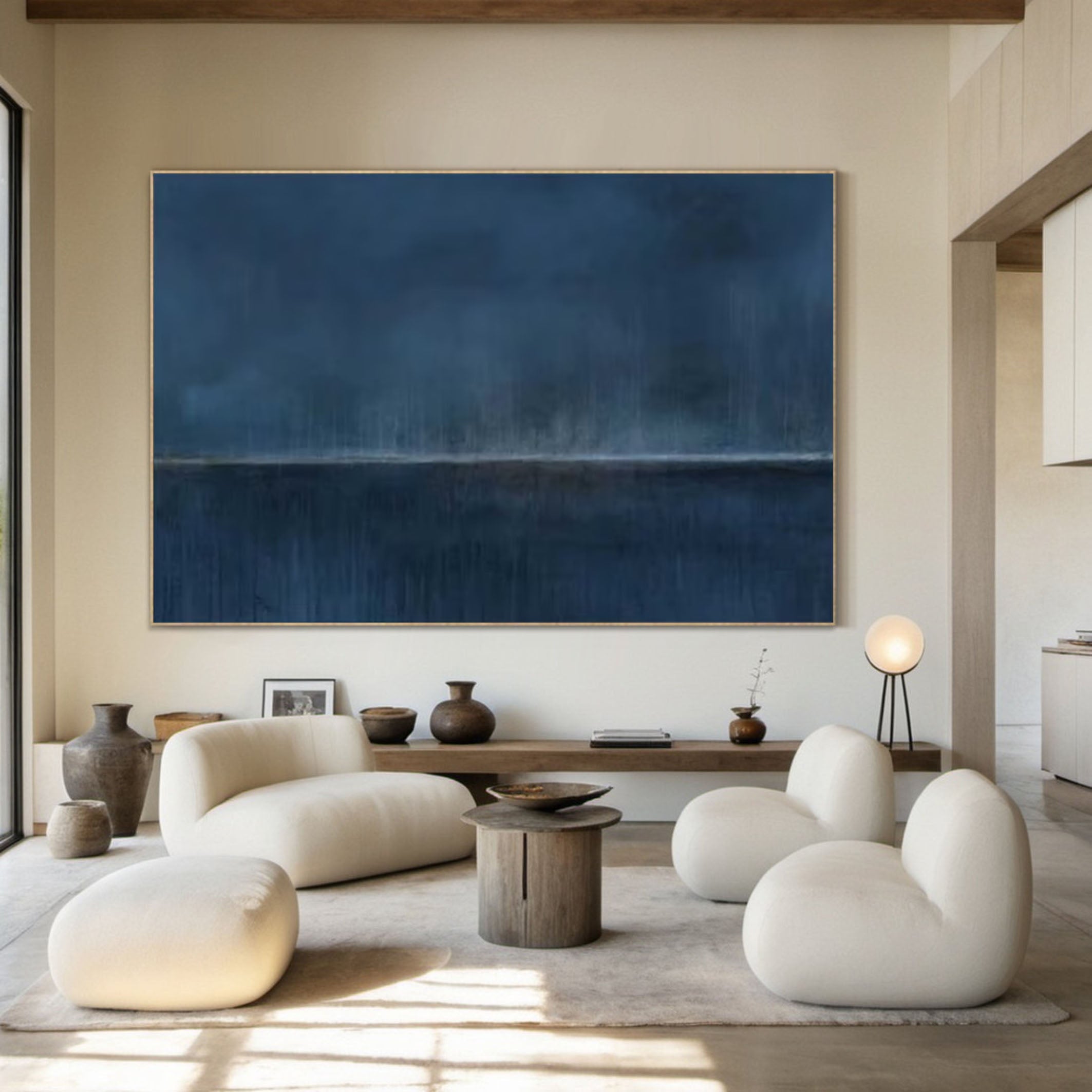 Large Blue Horizon Abstract Canvas Wall Art for Living Spaces #AB060