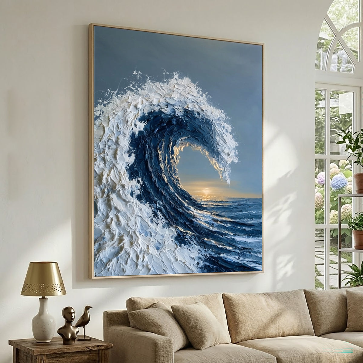 Large Modern Coastal Ocean Wall Art Textured Wave Oil Painting Seascape Cowboy Cowgirl Inspired Vintage Americana Artwork Contemporary Home Decor
