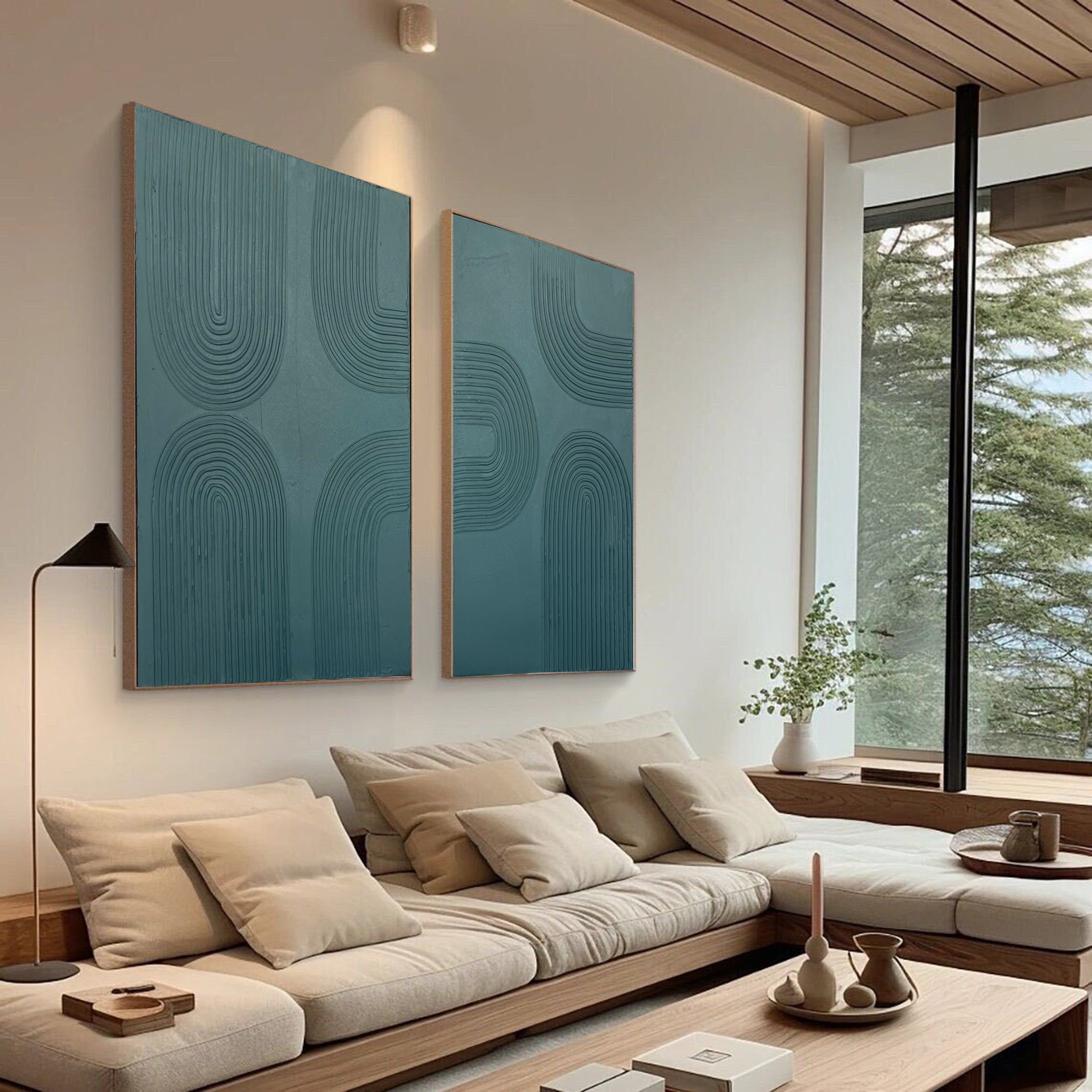 Modern Linear Green Abstract Canvas Art Wall Decor for Elegant Rooms Set  #MMS007