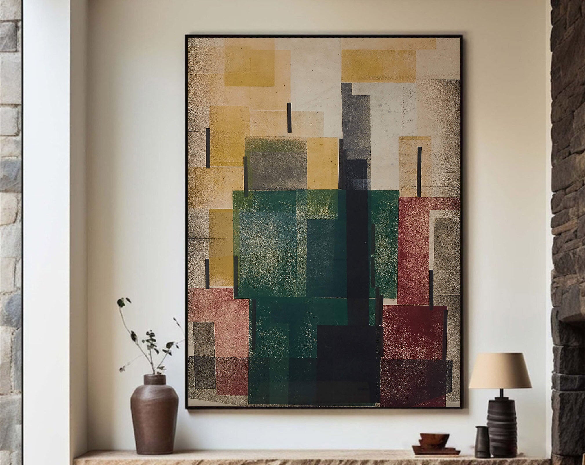 Earth Tones Architectural Abstract Painting With Geometric Form #MM359