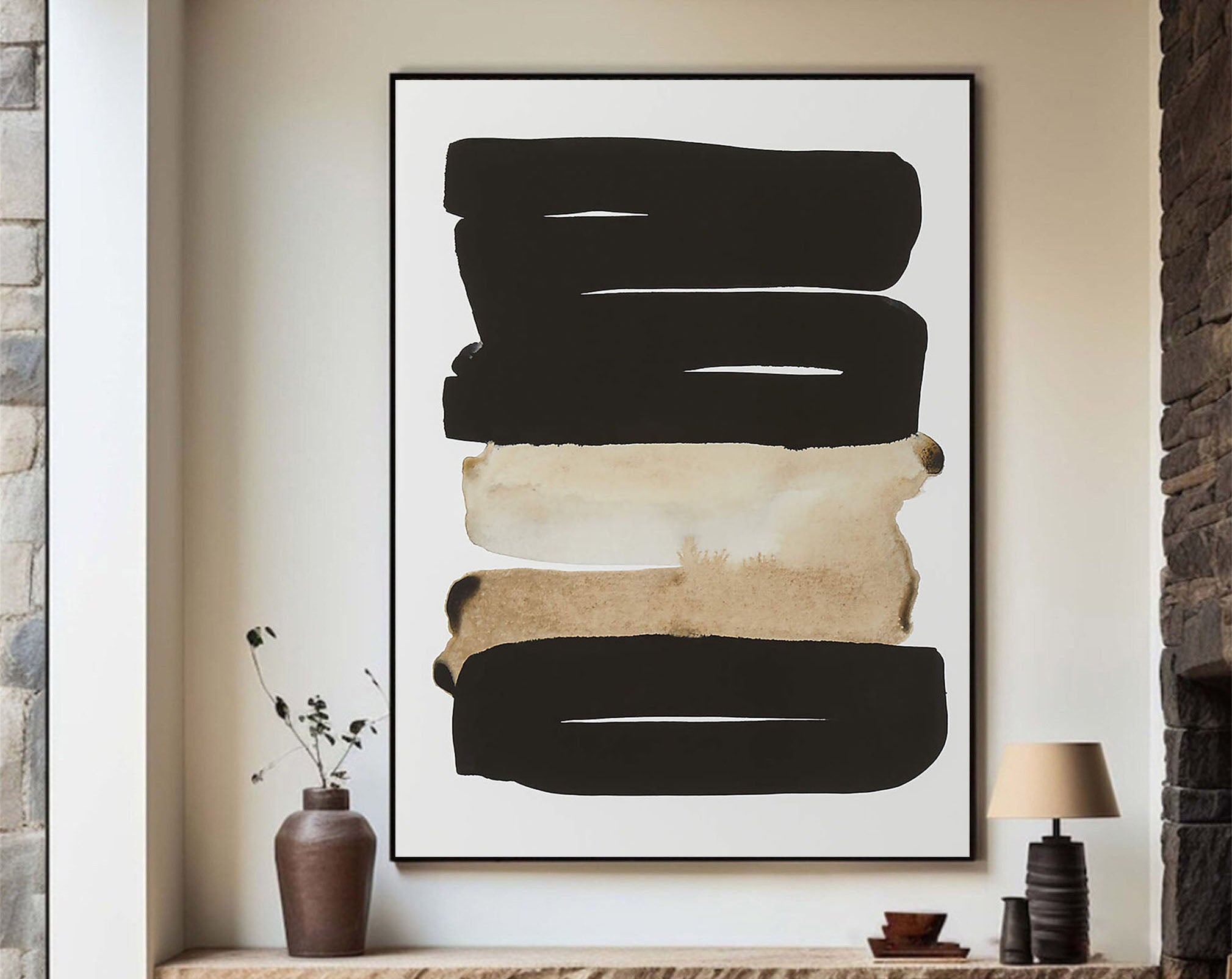 Graphic Abstract Painting, Black and Beige, Contemporary Design #MM354