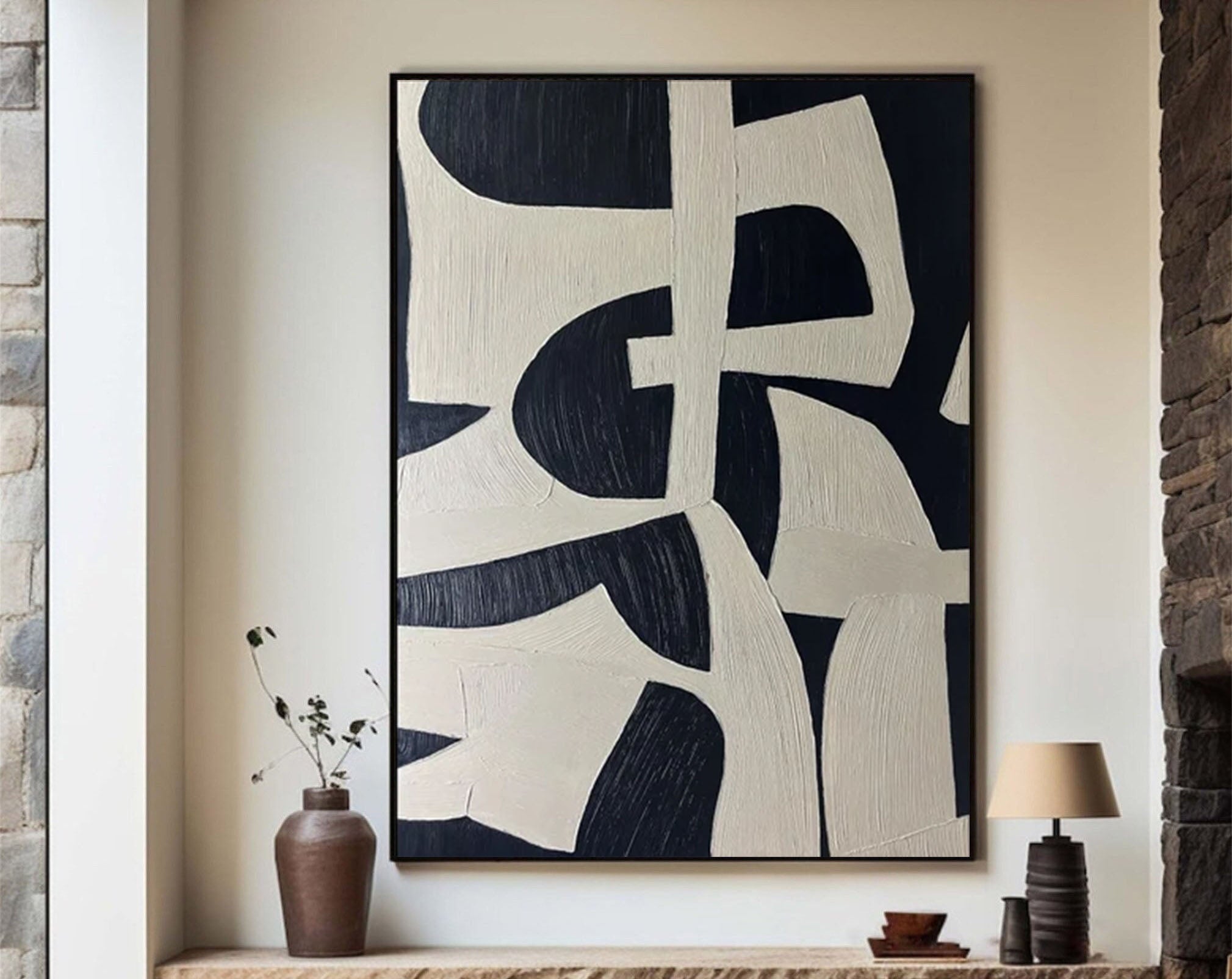 Large Abstract Geometric Art Black and White Canvas #MM176