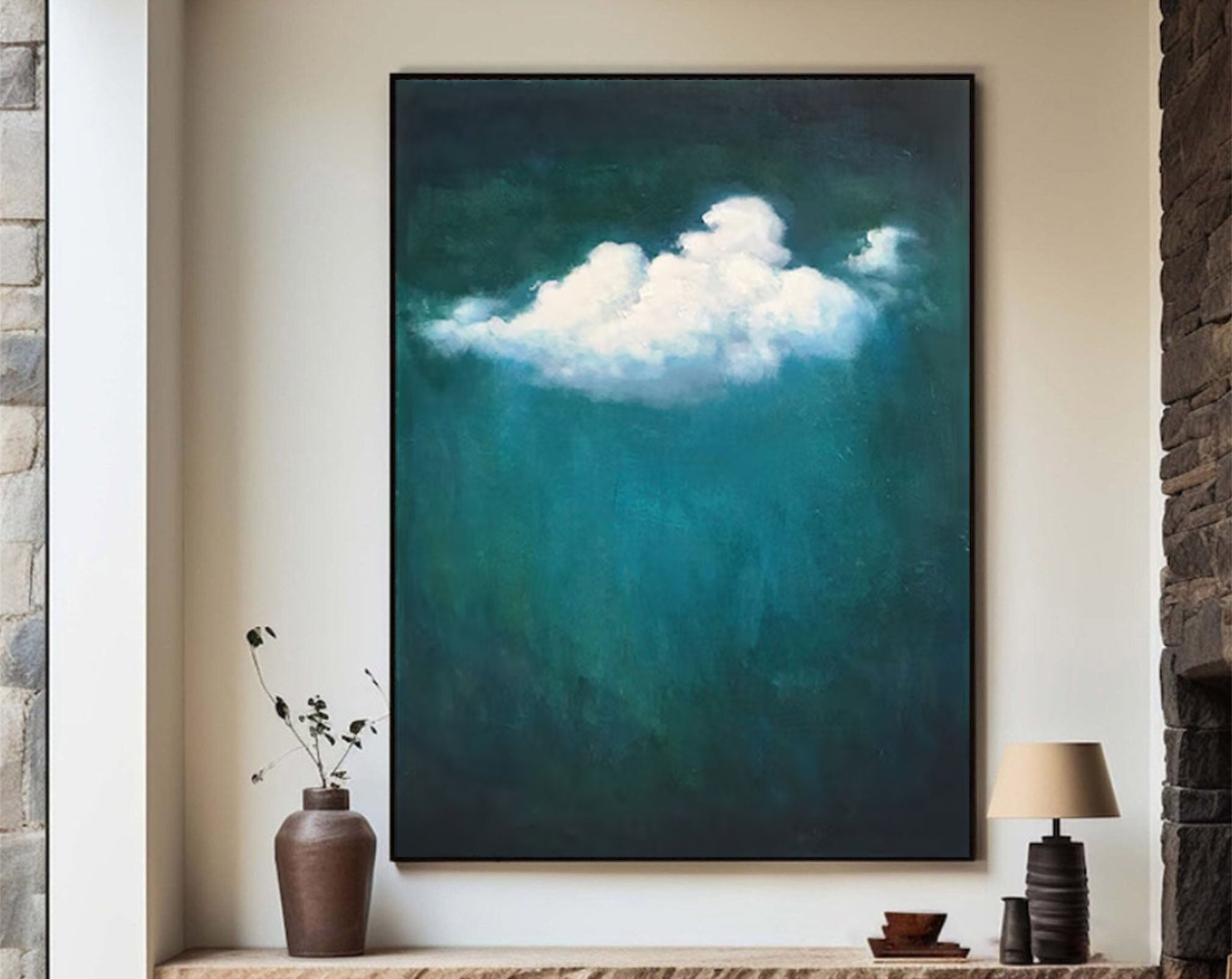 Modern Nature-Inspired Green and Cloud Canvas Art #SP005