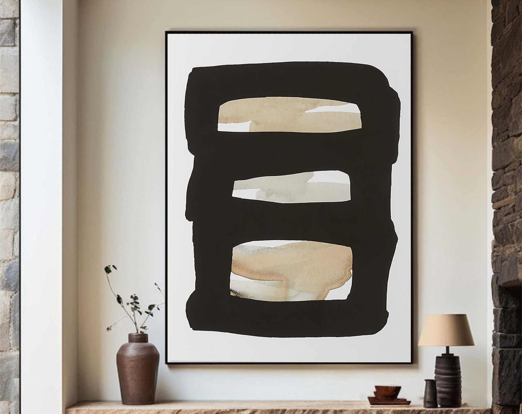 Framed Neutral Bands Abstract, Black and Beige, Minimalist Art #MM358