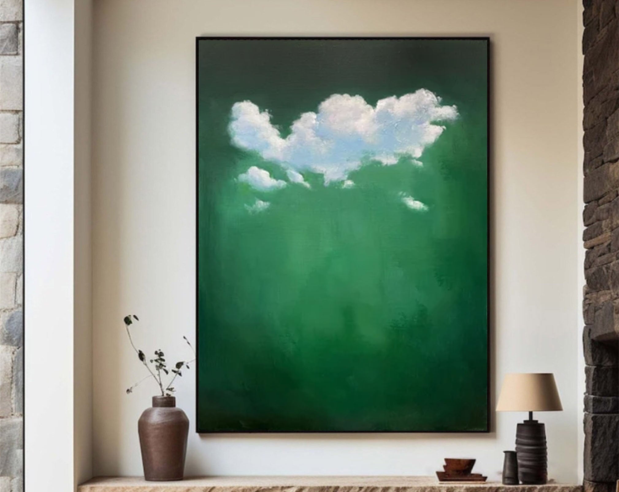 Abstract Cloudscape Wall Art in Green and White #SP004