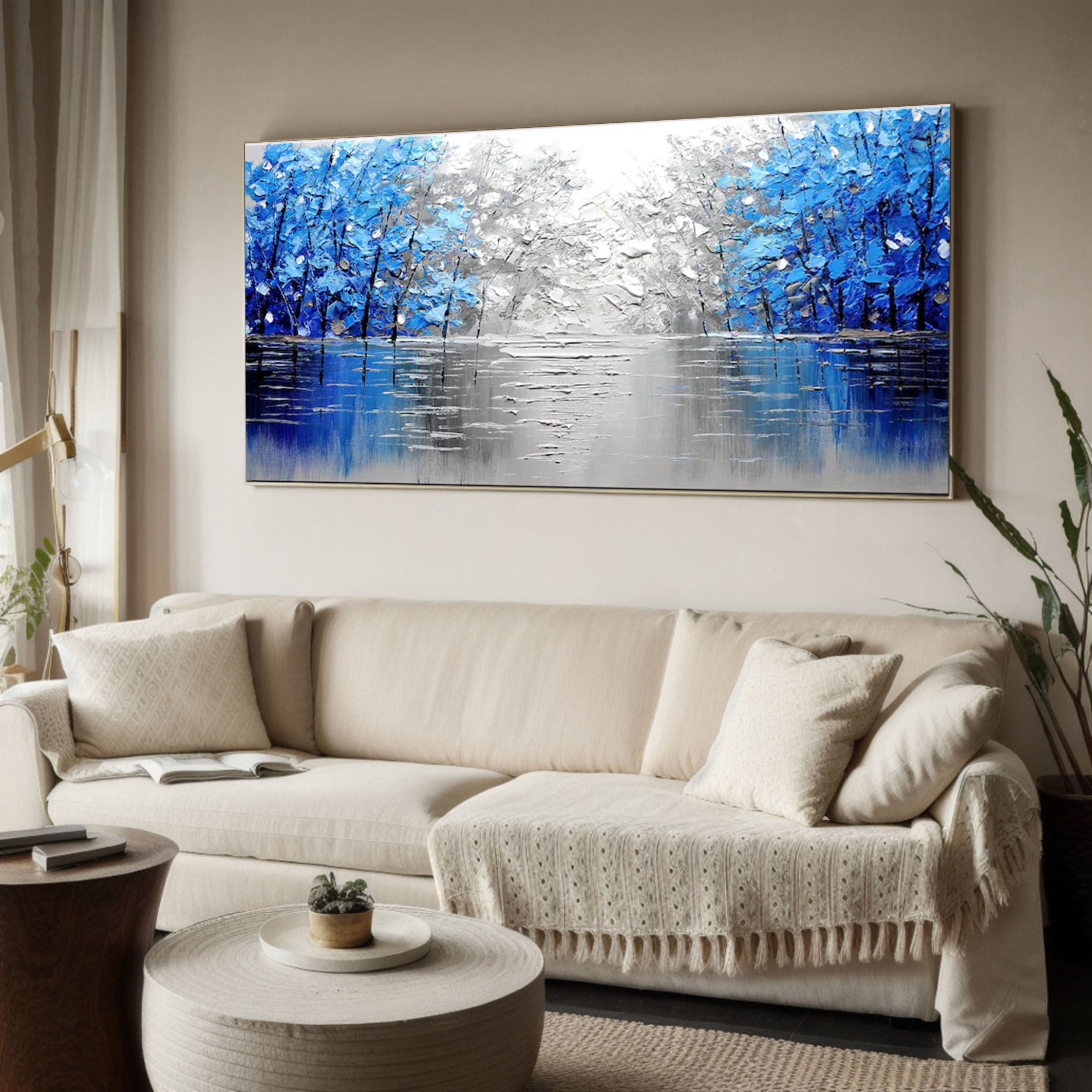 Mystical Blue and Silver Forest Painting for Modern Homes #TP045