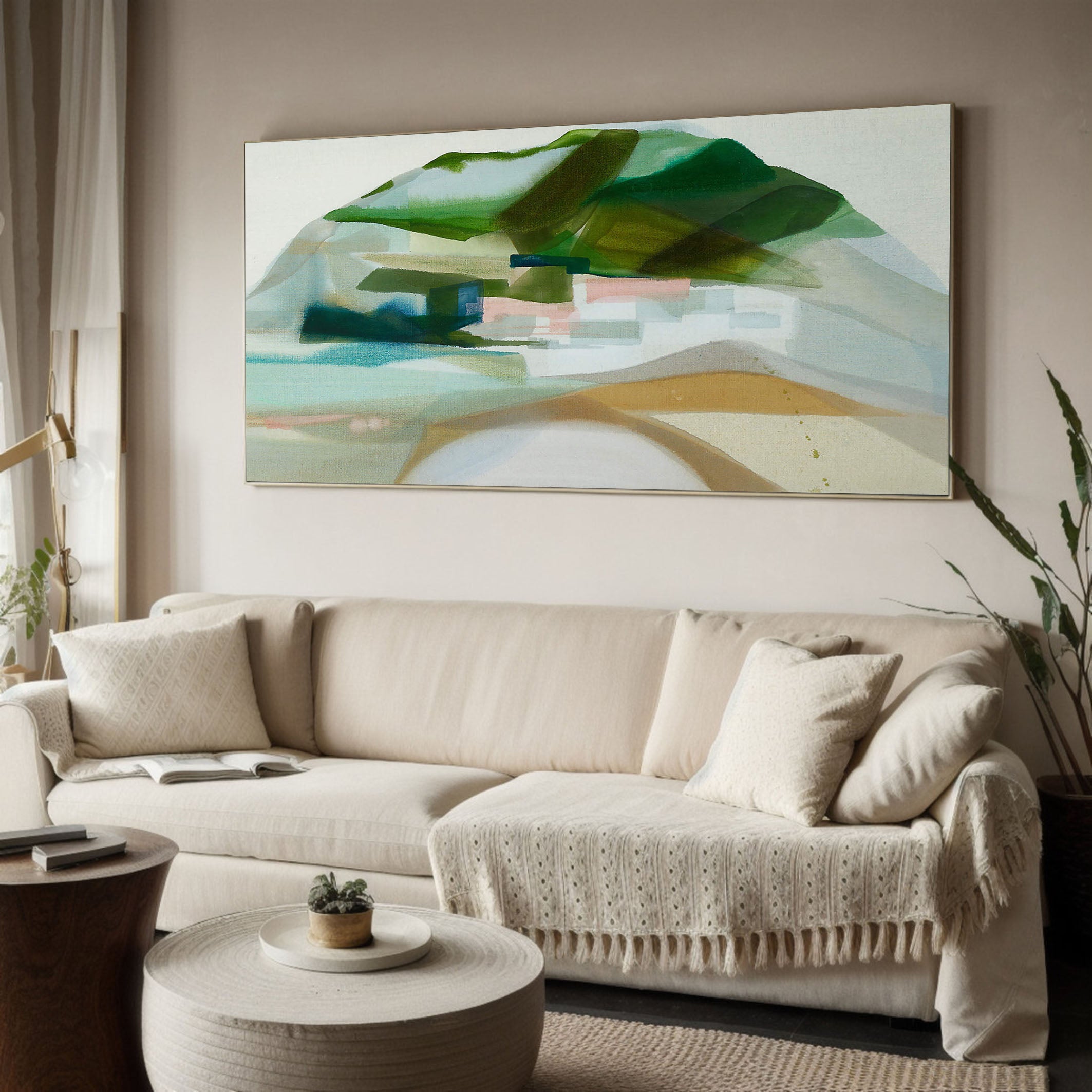 Large Muted Green and Beige Landscape Abstract Wall Art #MM370