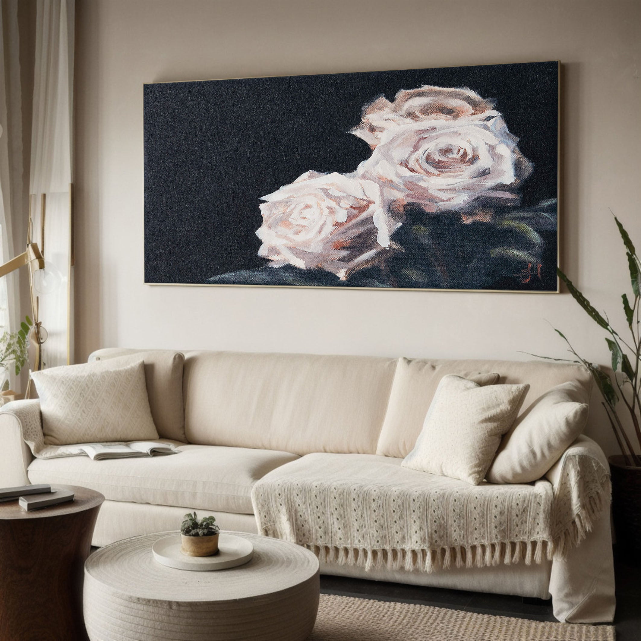 Soft Roses Against Deep Black, Contemporary Floral Expression #MM374