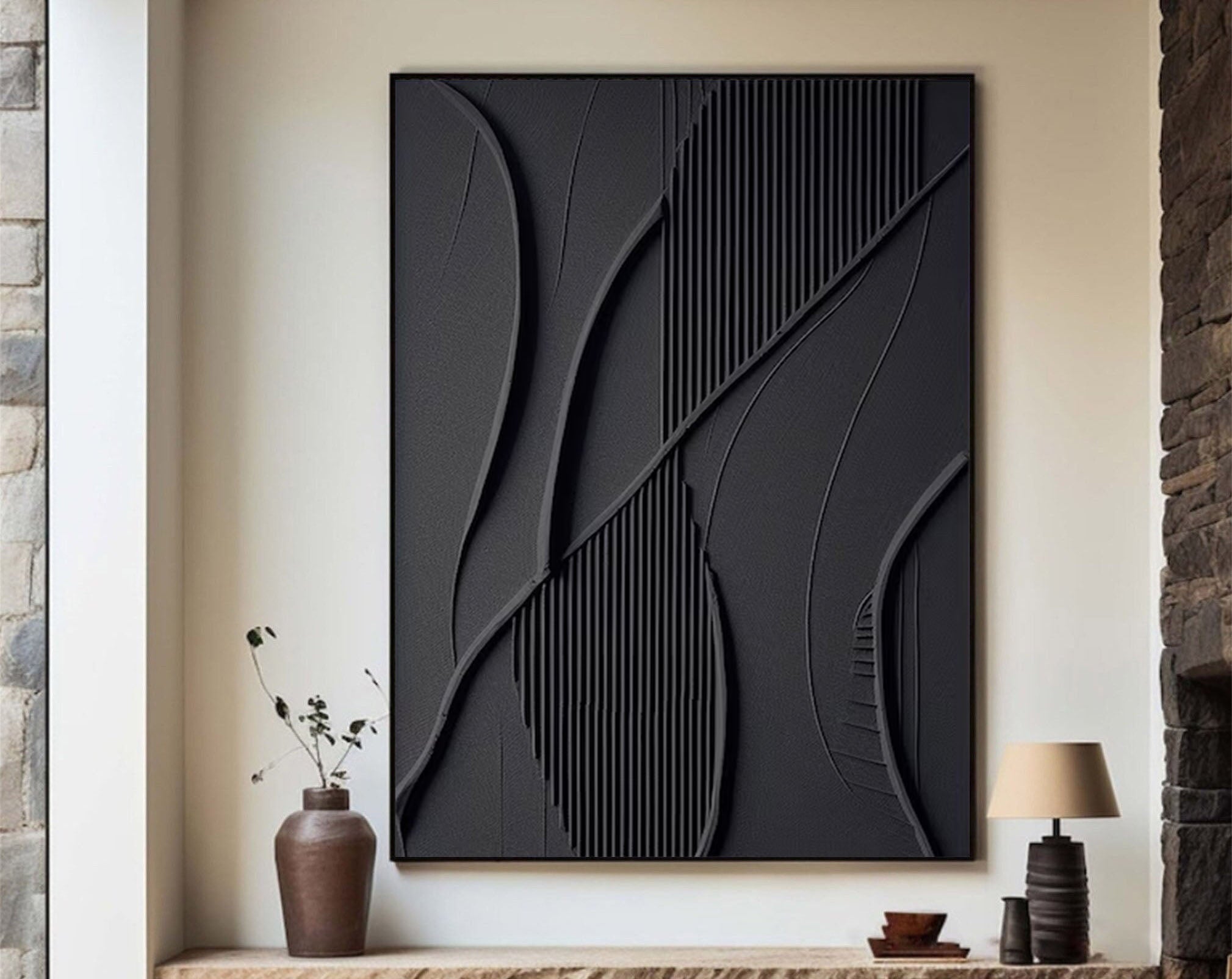 Modern Black 3D Textured Canvas Painting By Hand #MM166