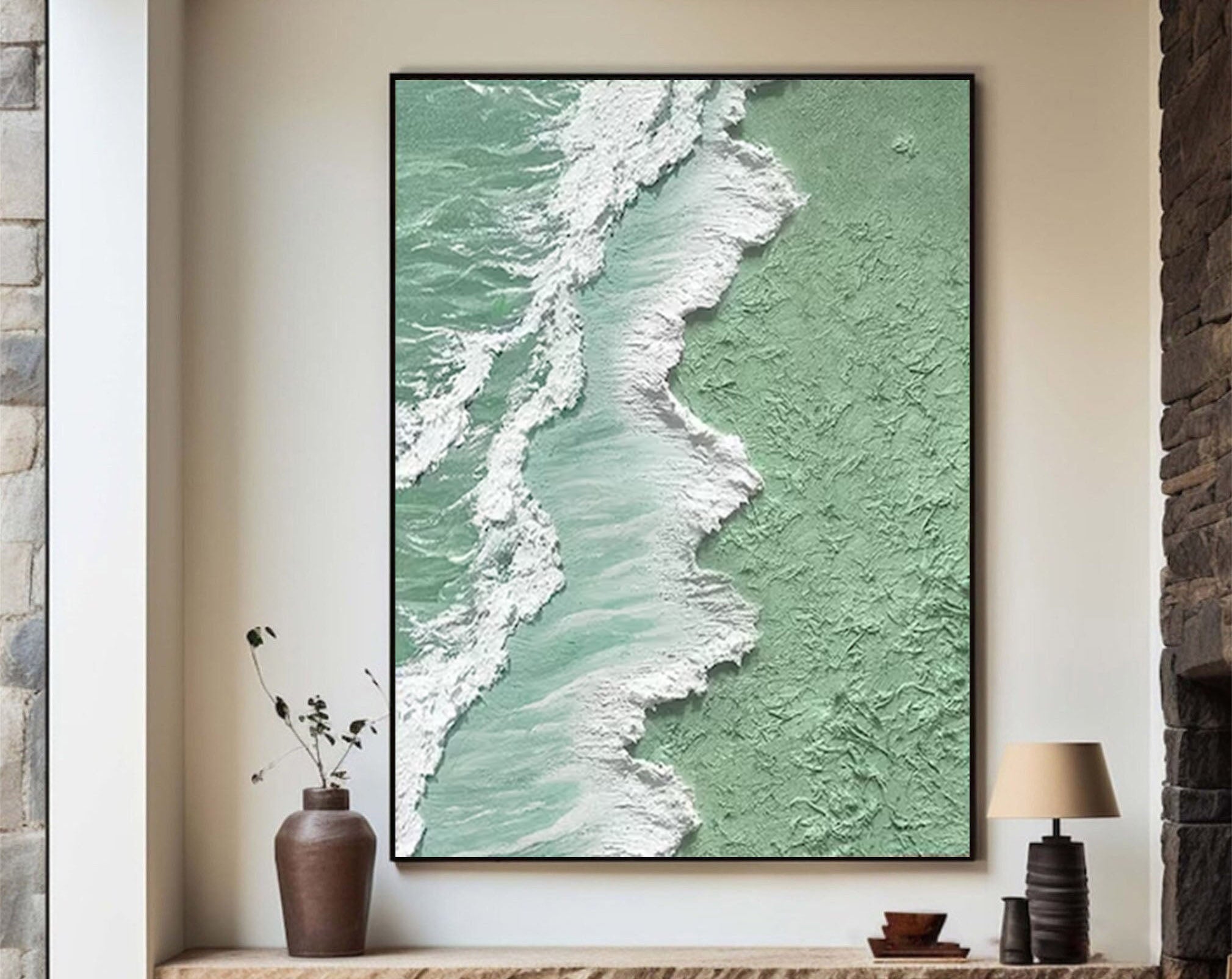 Textured Coastal Canvas Art in Seafoam Green #OP022