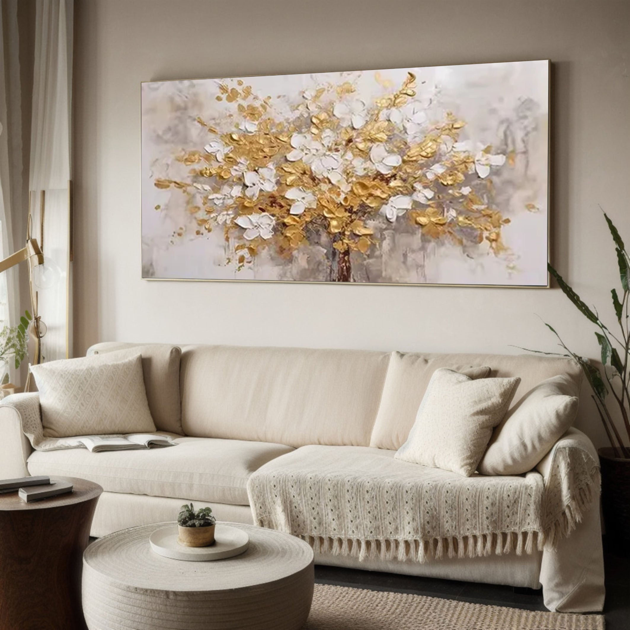 Luxurious White and Gold Flower Canvas Art For Home Decor #FB027