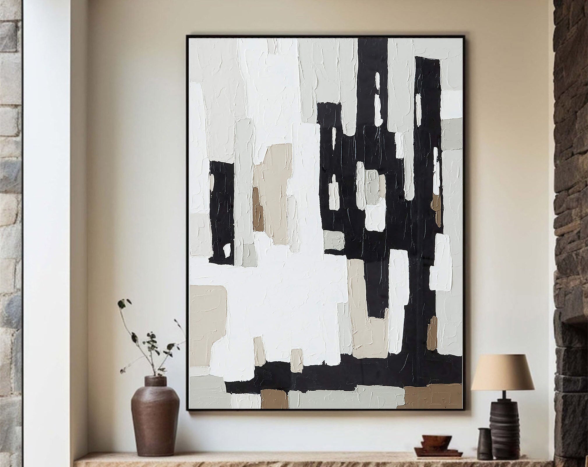 Black and White Abstract, Geometric Textured Painting #MM347