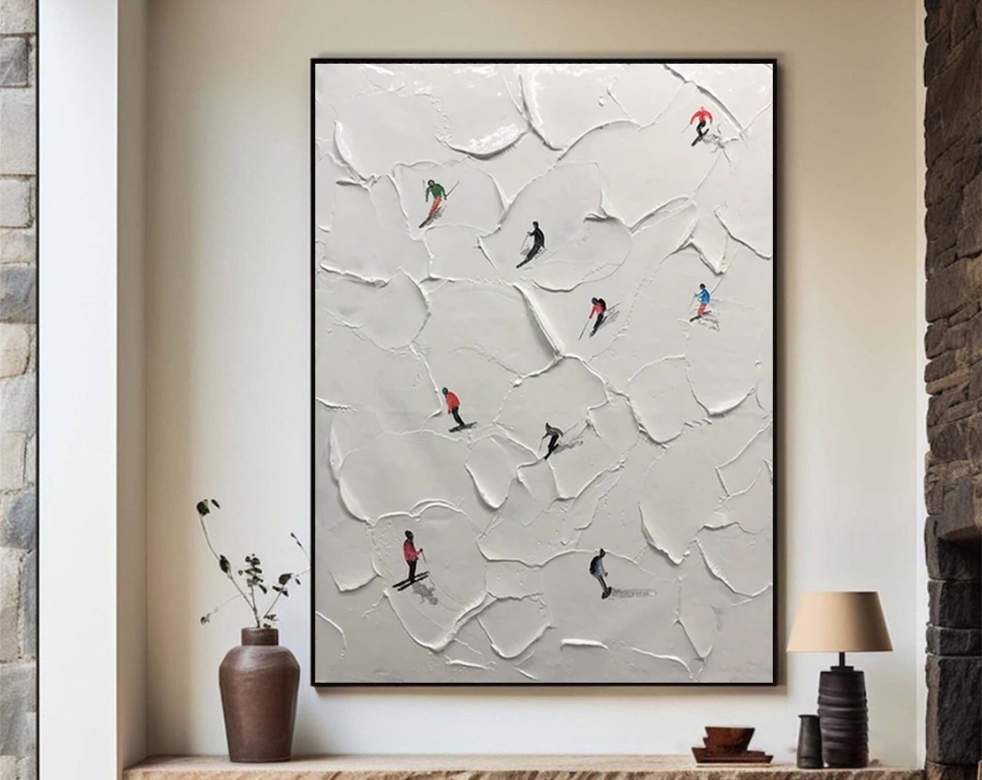 Dynamic Skiing Scene White Painting for Modern Interiors #SPA006