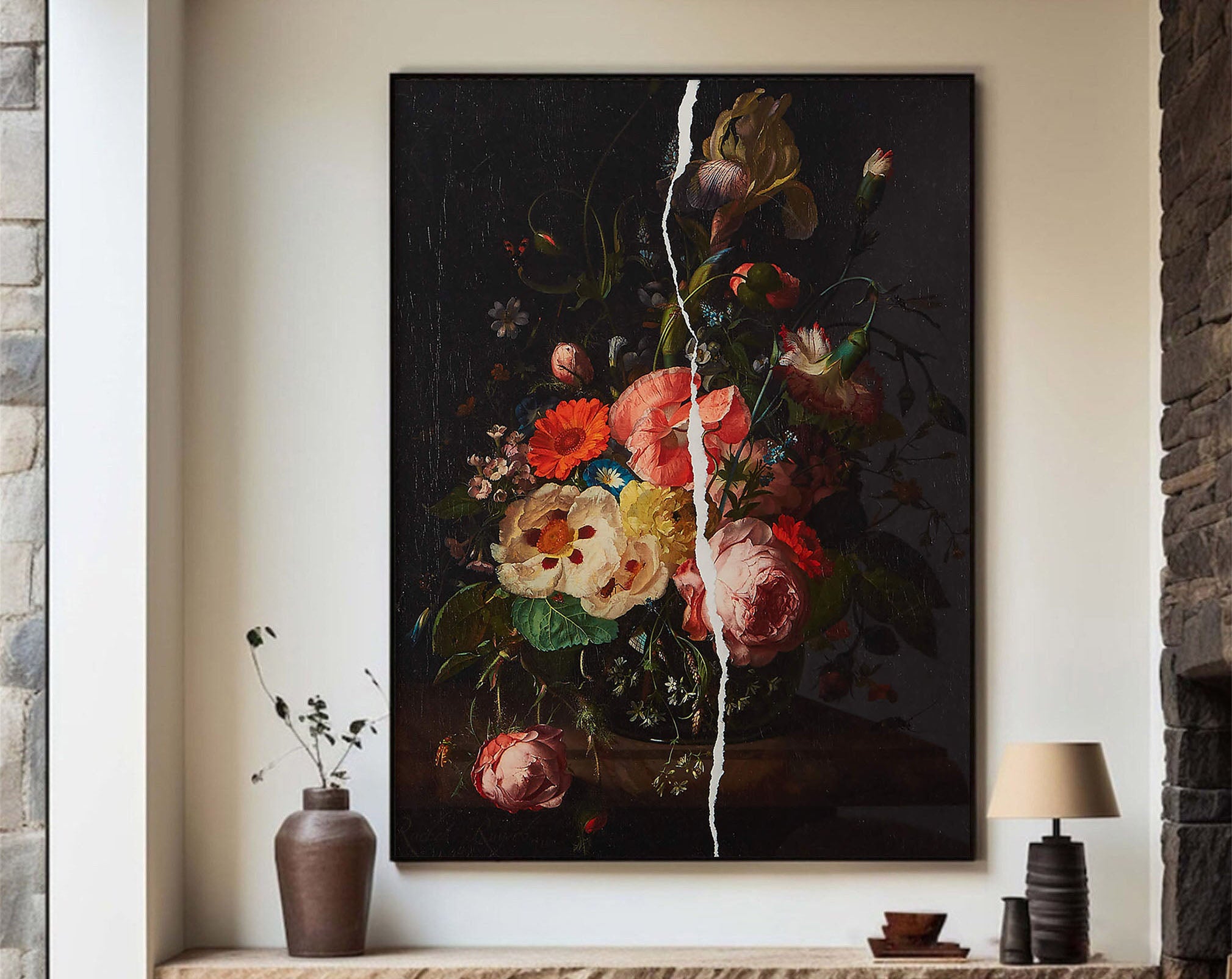 Dark Flowers and White Crack, Contemporary Wall Art #MM351