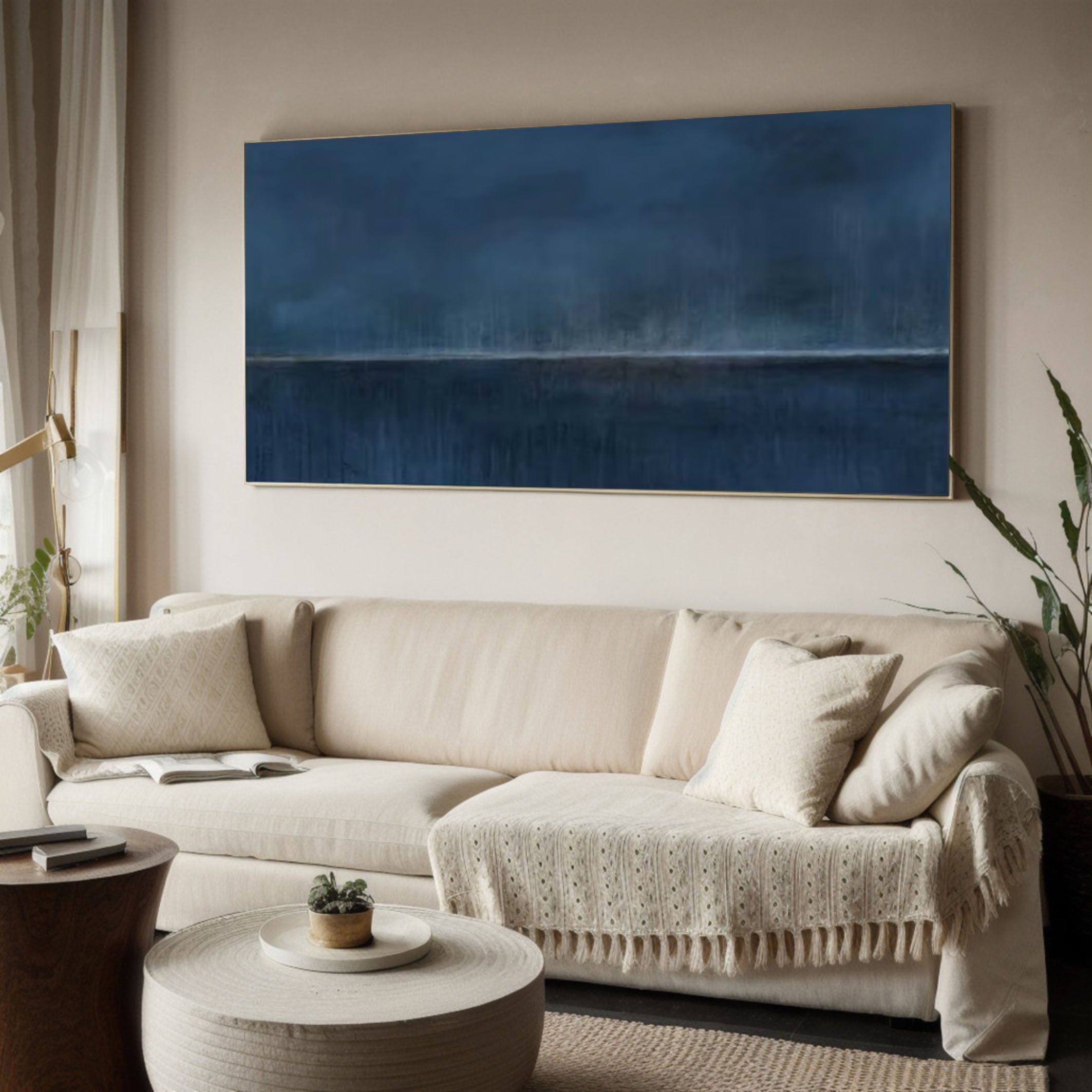 Large Blue Horizon Abstract Canvas Wall Art for Living Spaces #AB060