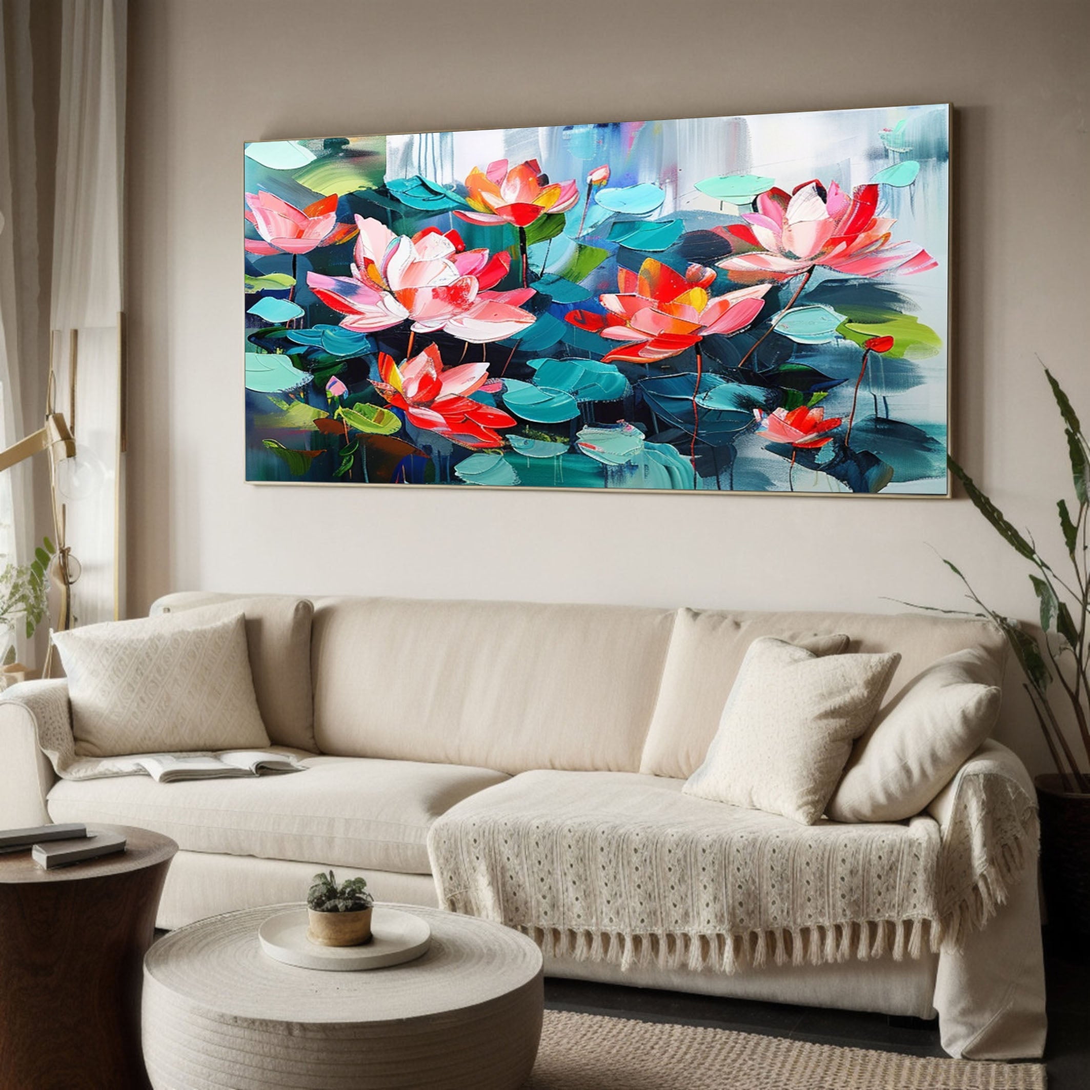 Large Lotus Flower Wall Art Vibrant Canvas Painting  #FB011