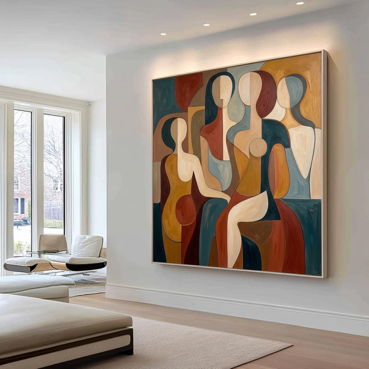 Large Geometric Abstract Female Figures Wall Art Modern Cubist Inspired Oil Painting Colorful Figurative Portrait Contemporary Living Room Decor