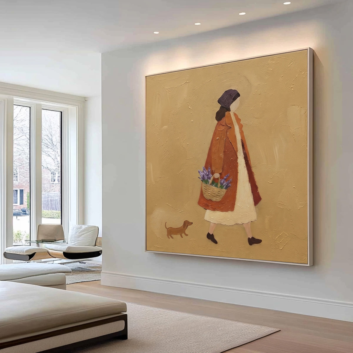 A Stroll Through The Countryside Woman Walking Dog Original Figurative Painting Warm Rustic Wall Art