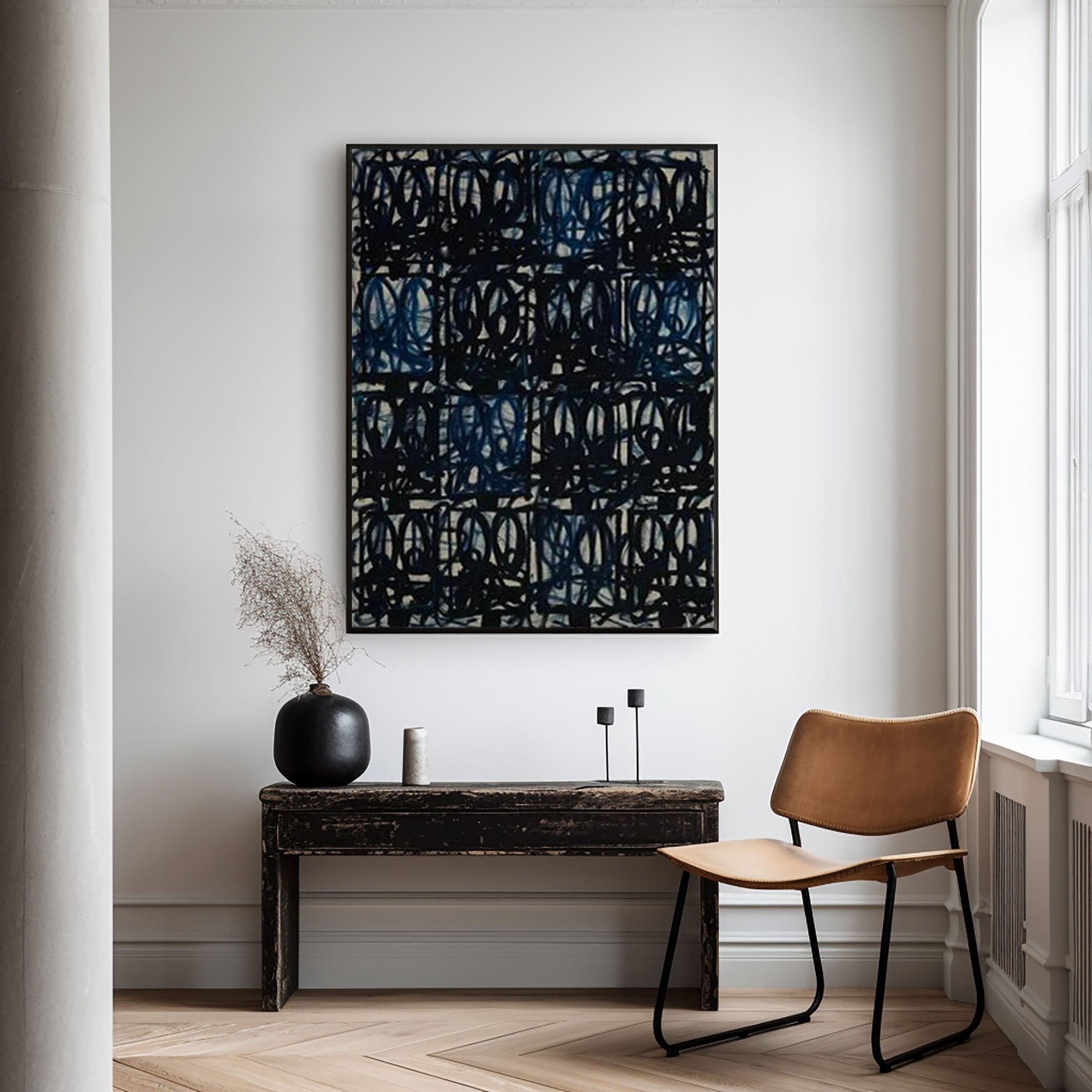 Intricate Blue and Black Wall Art Modernist Aesthetic #AB025