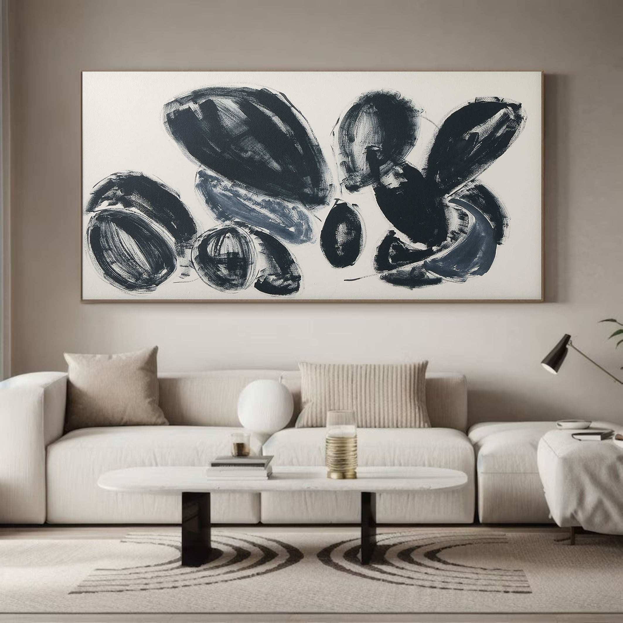 Horizontal Abstract with Dark Rounded Forms, Contemporary Art #MM364