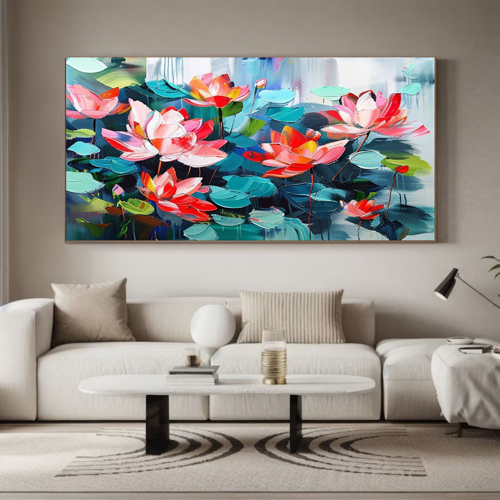 Large Lotus Flower Wall Art Vibrant Canvas Painting  #FB011