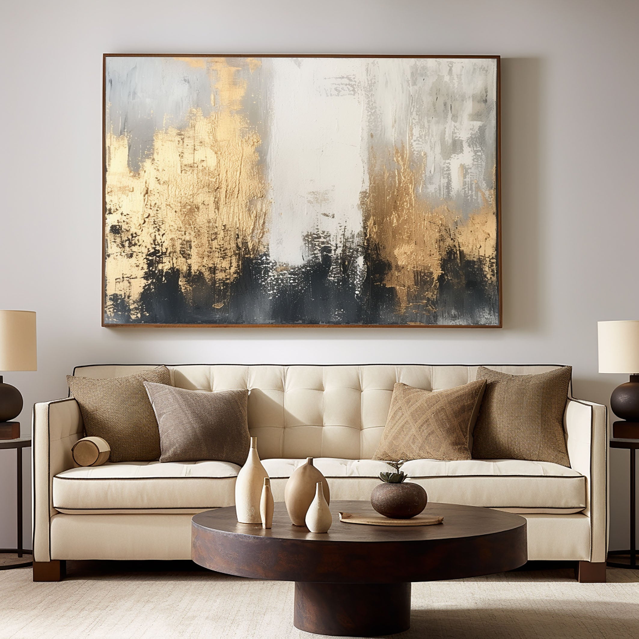 Contemporary Abstract Canvas Bold Brush Strokes in Gold and Black #AB016