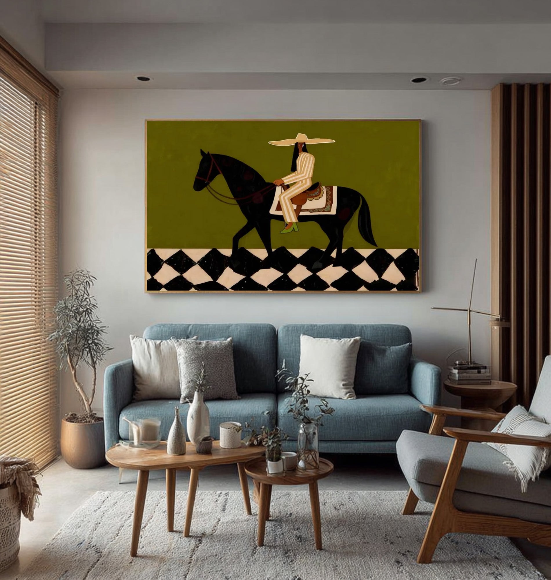 Large Abstract Equestrian Painting Green Horse Rider Wall Art