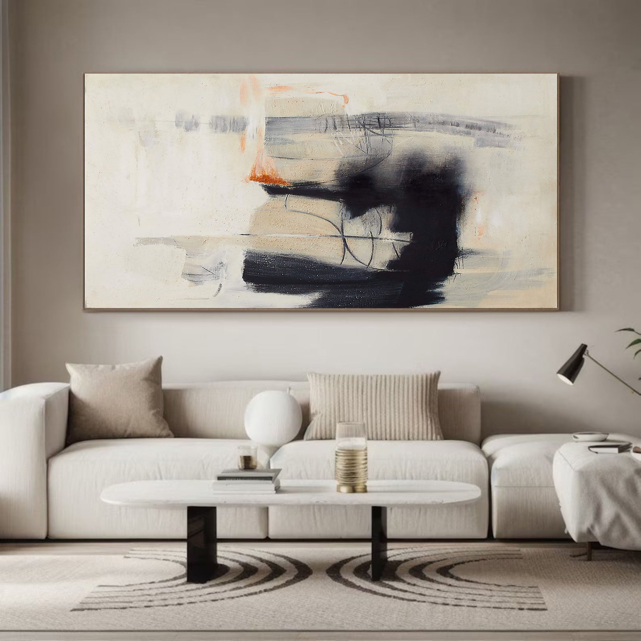 Large Beige And Black Dynamic Abstract, Contemporary Wall Art #MM366