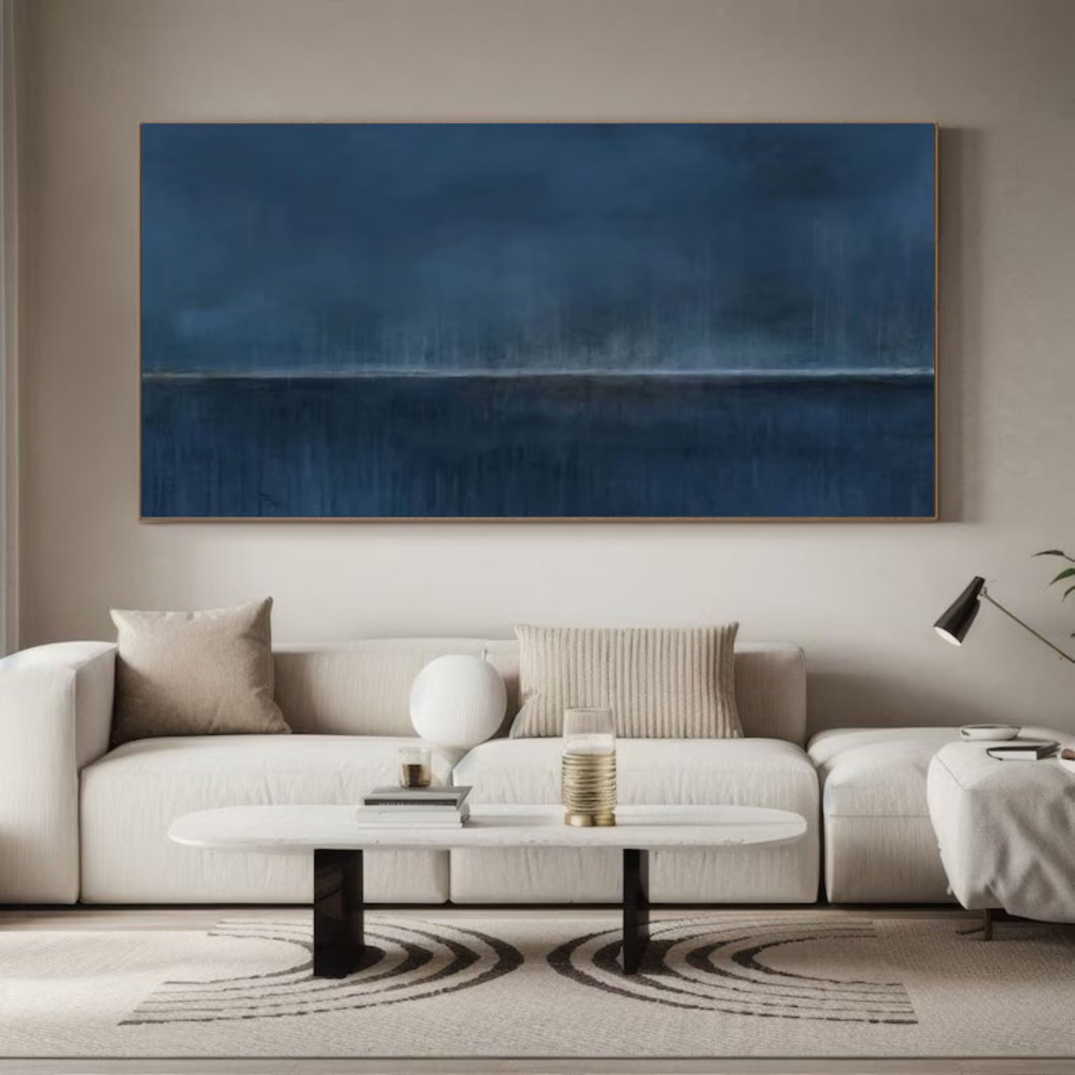 Large Blue Horizon Abstract Canvas Wall Art for Living Spaces #AB060