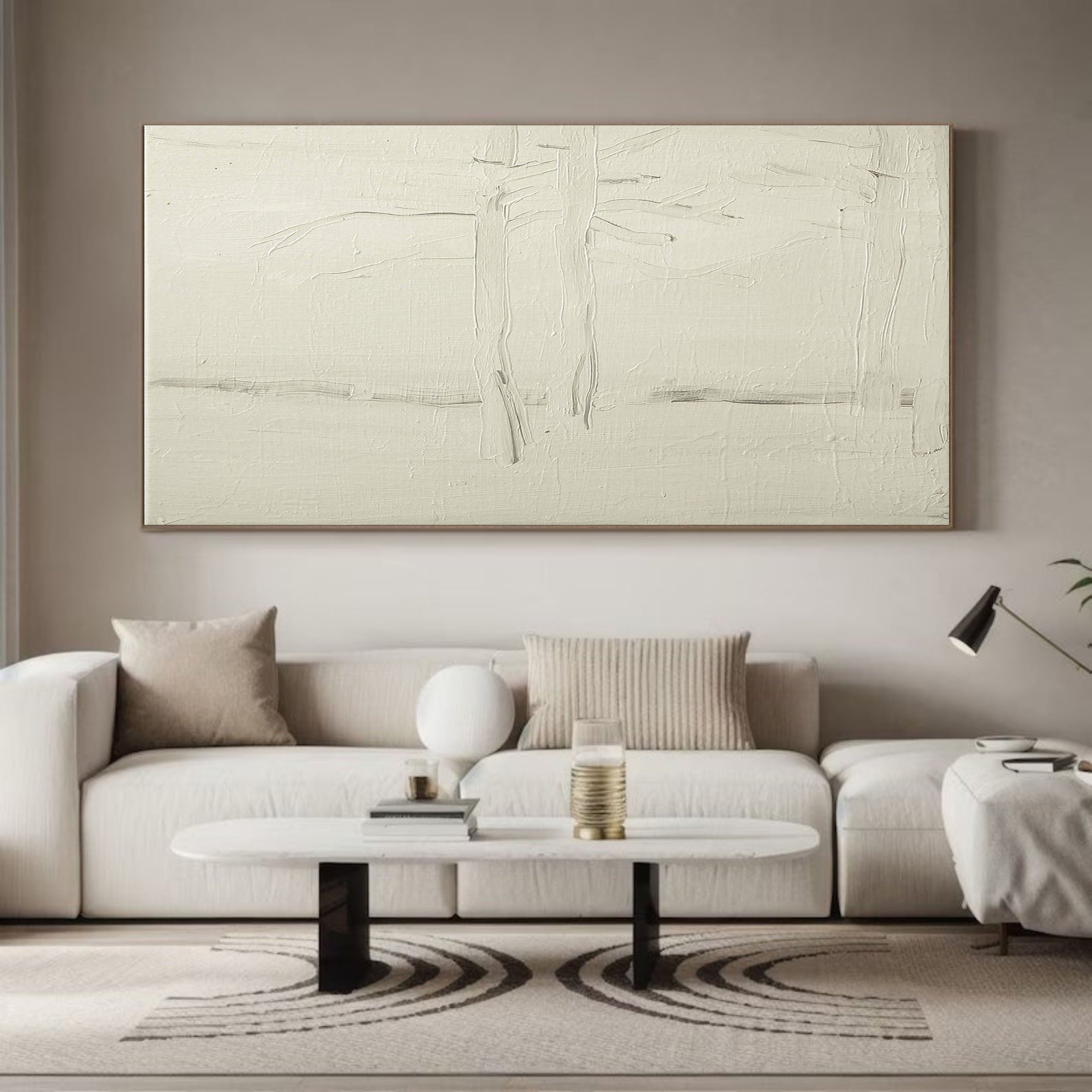 White Textured Minimalist with Linear Forms, Impasto Canvas #MM368