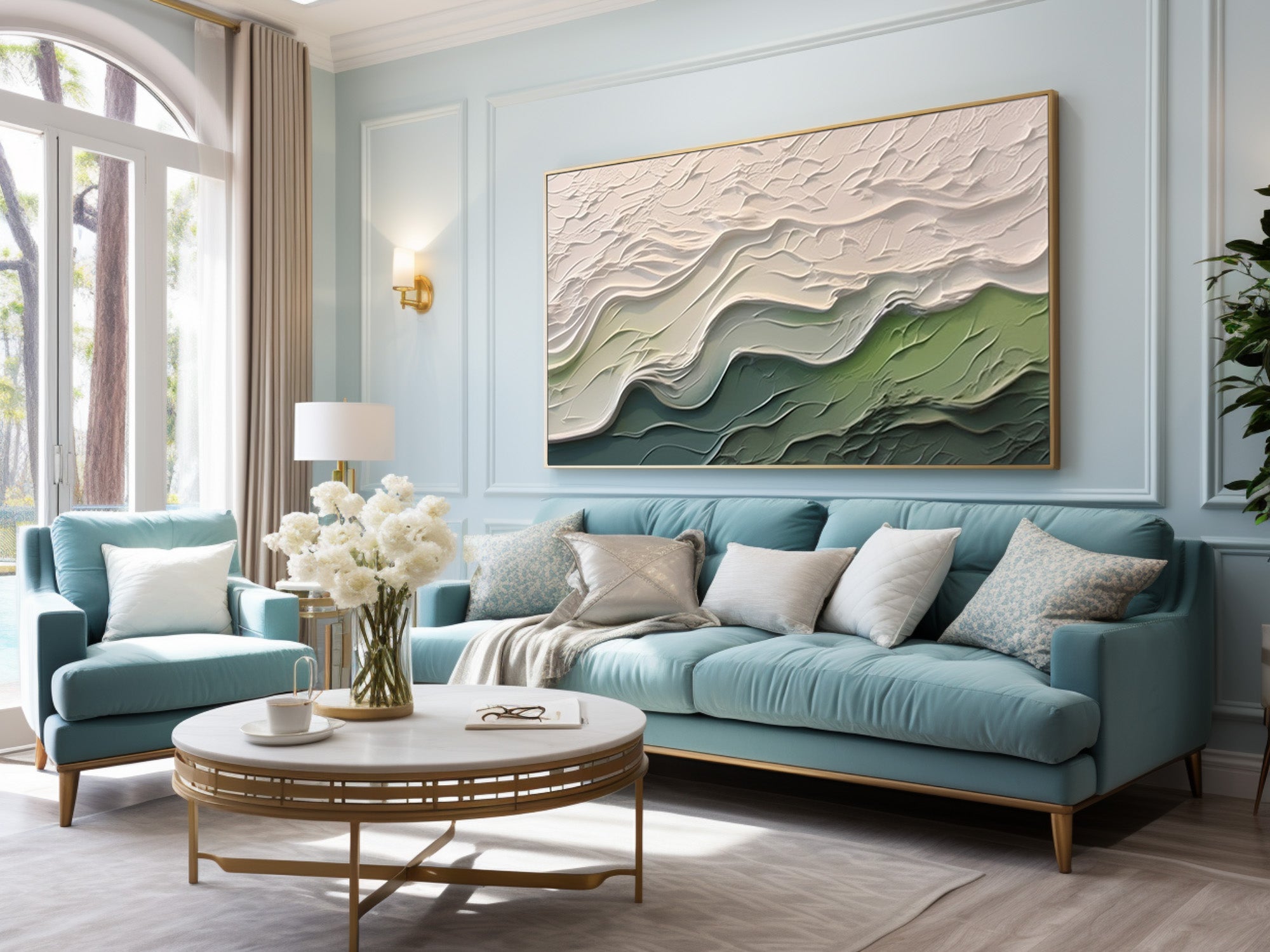 Contemporary Wall Art Green and White Abstract Piece #AG 094