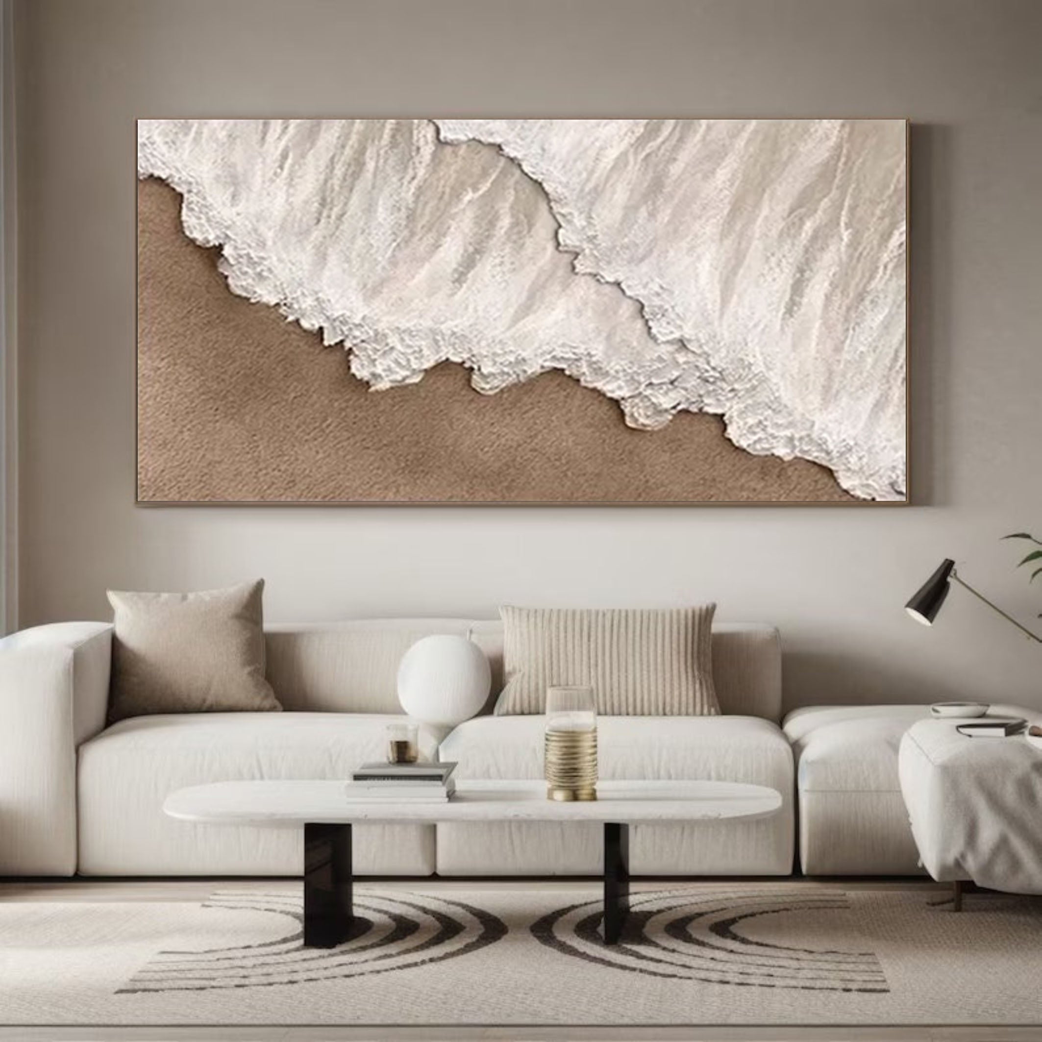 Dynamic Coastal Art with White and Sandy Tones