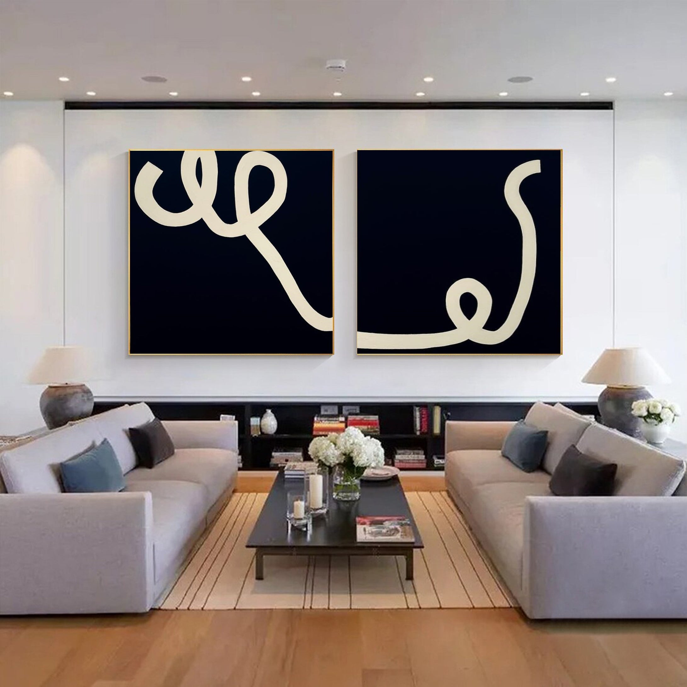 Modern Abstract Line Art Duo Minimalist Black and White Canvas #MMS012