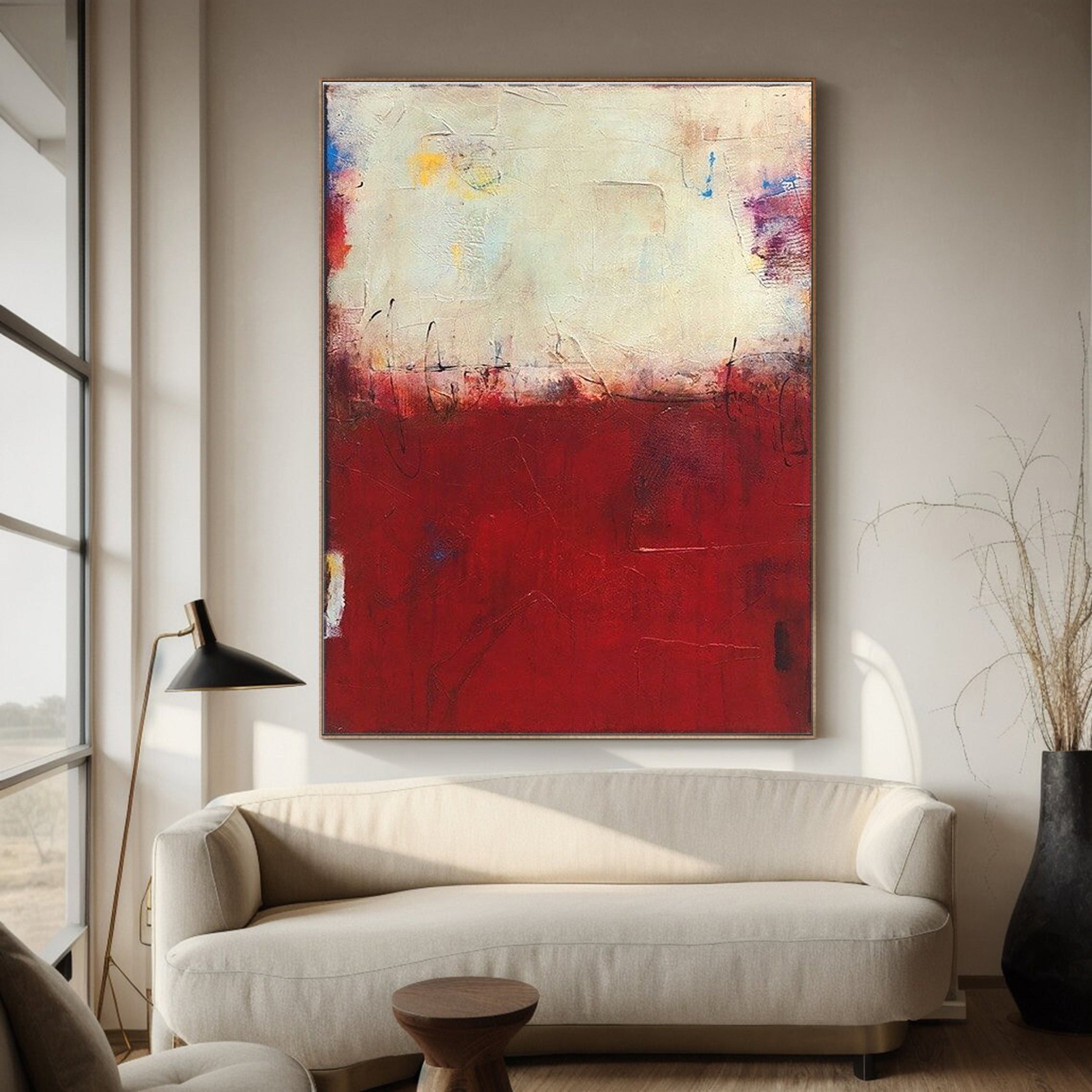 Large Red and Cream Canvas Abstract Wall Art #MM033