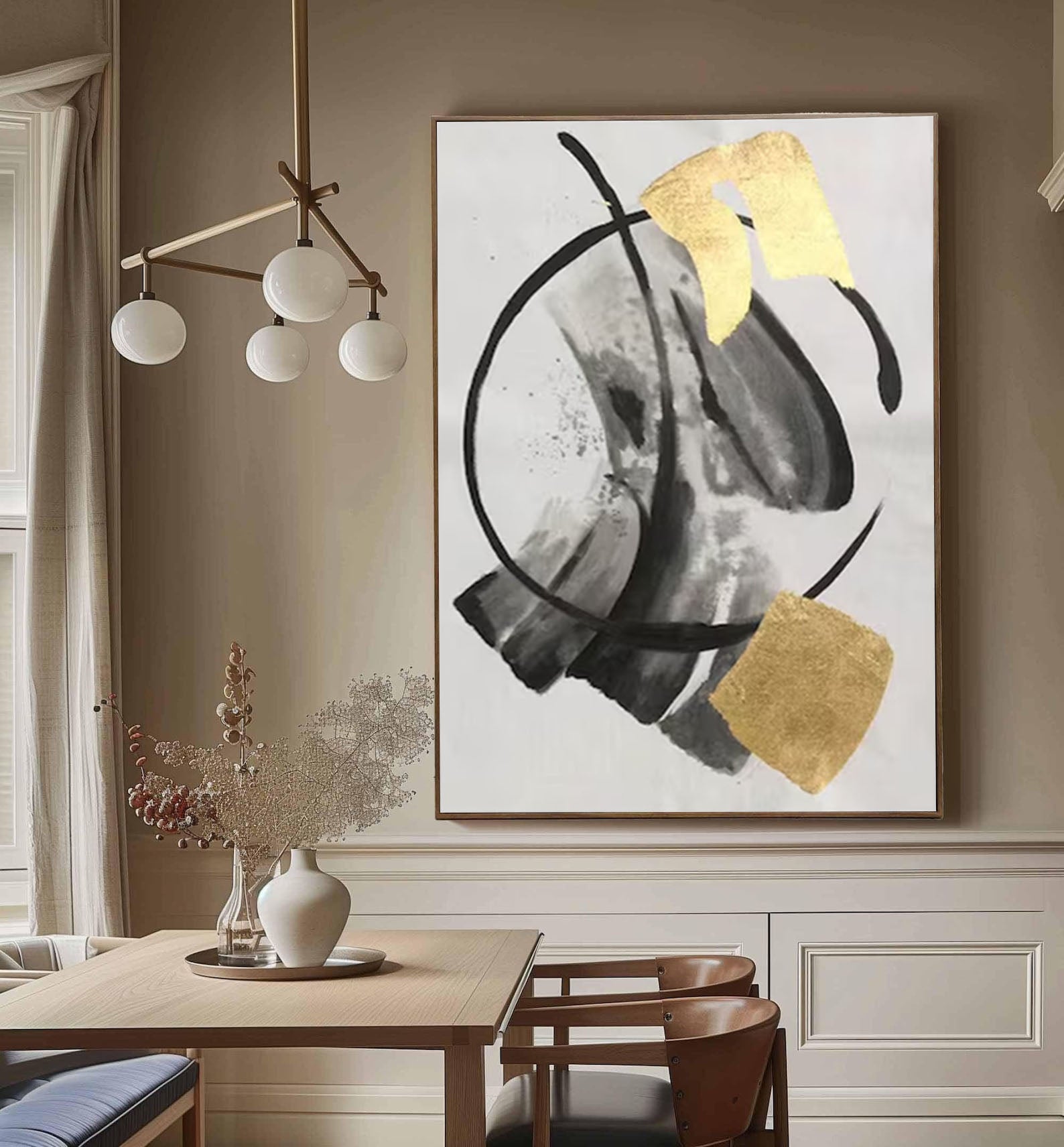 Large Abstract Canvas Art in Gold and Black Tones #AB041