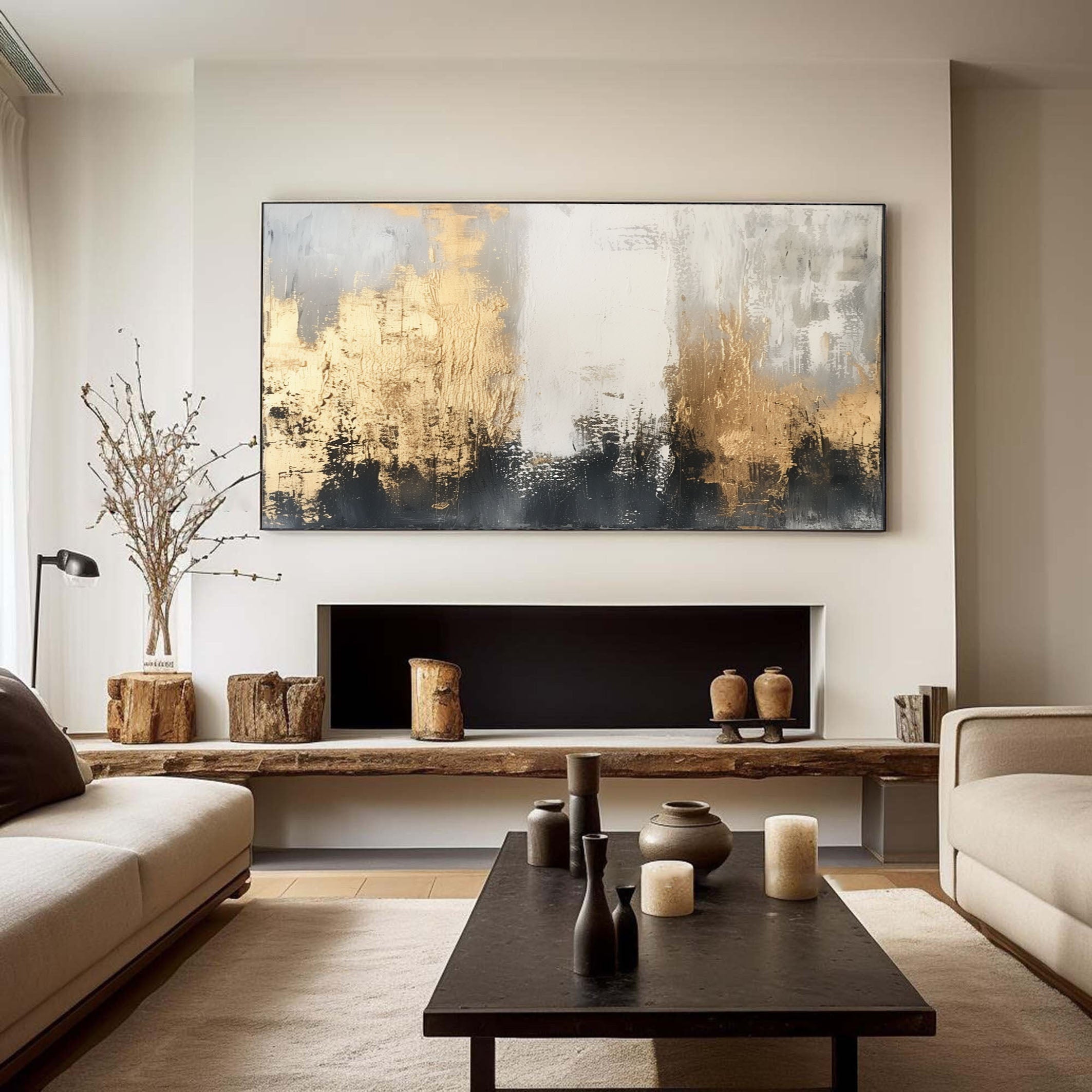 Contemporary Abstract Canvas Bold Brush Strokes in Gold and Black #AB016