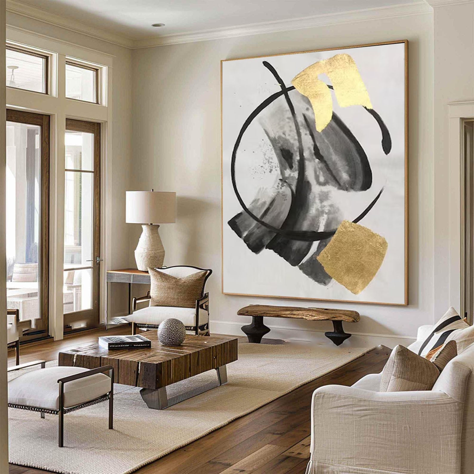 Large Abstract Canvas Art in Gold and Black Tones #AB041