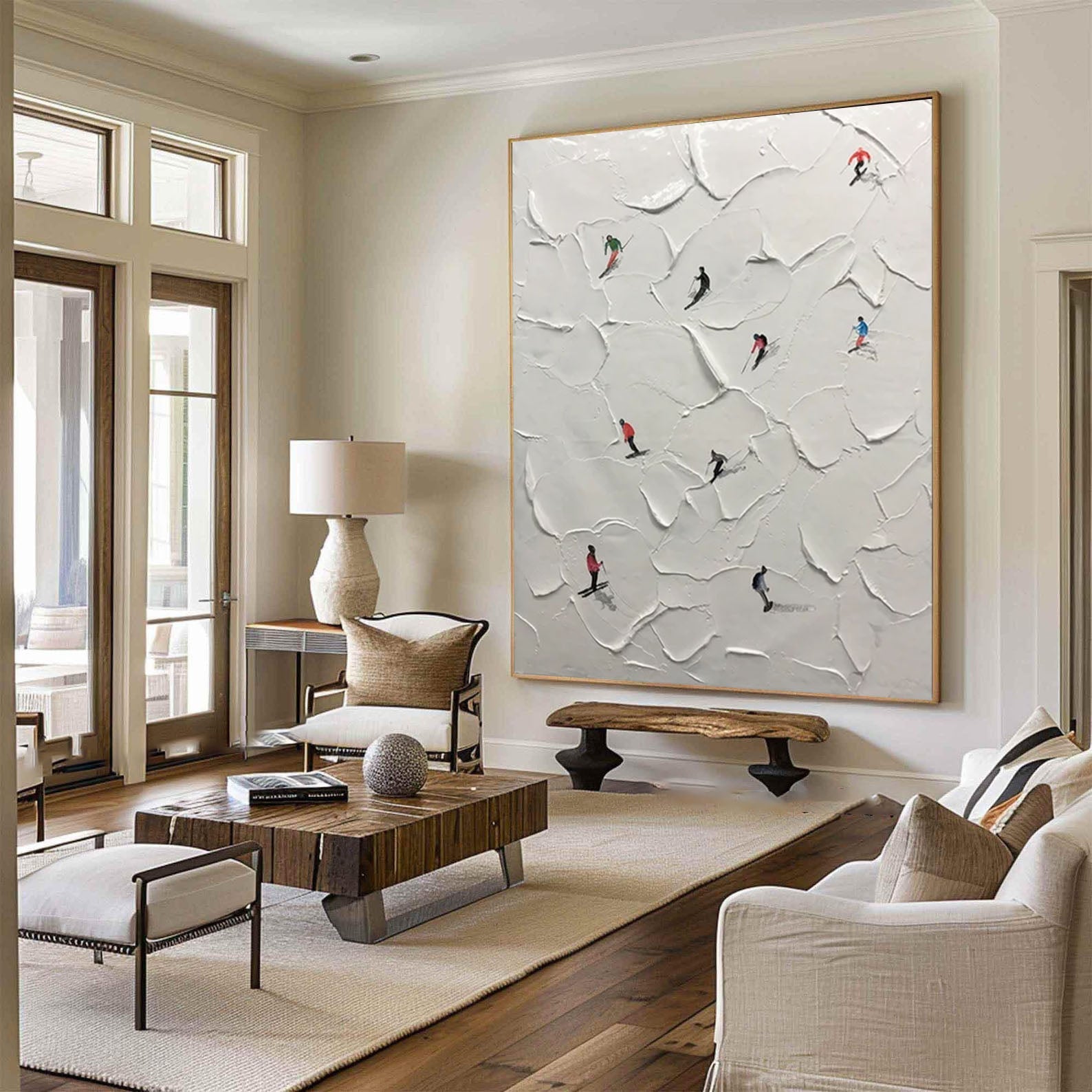 Dynamic Skiing Scene White Painting for Modern Interiors #SPA006