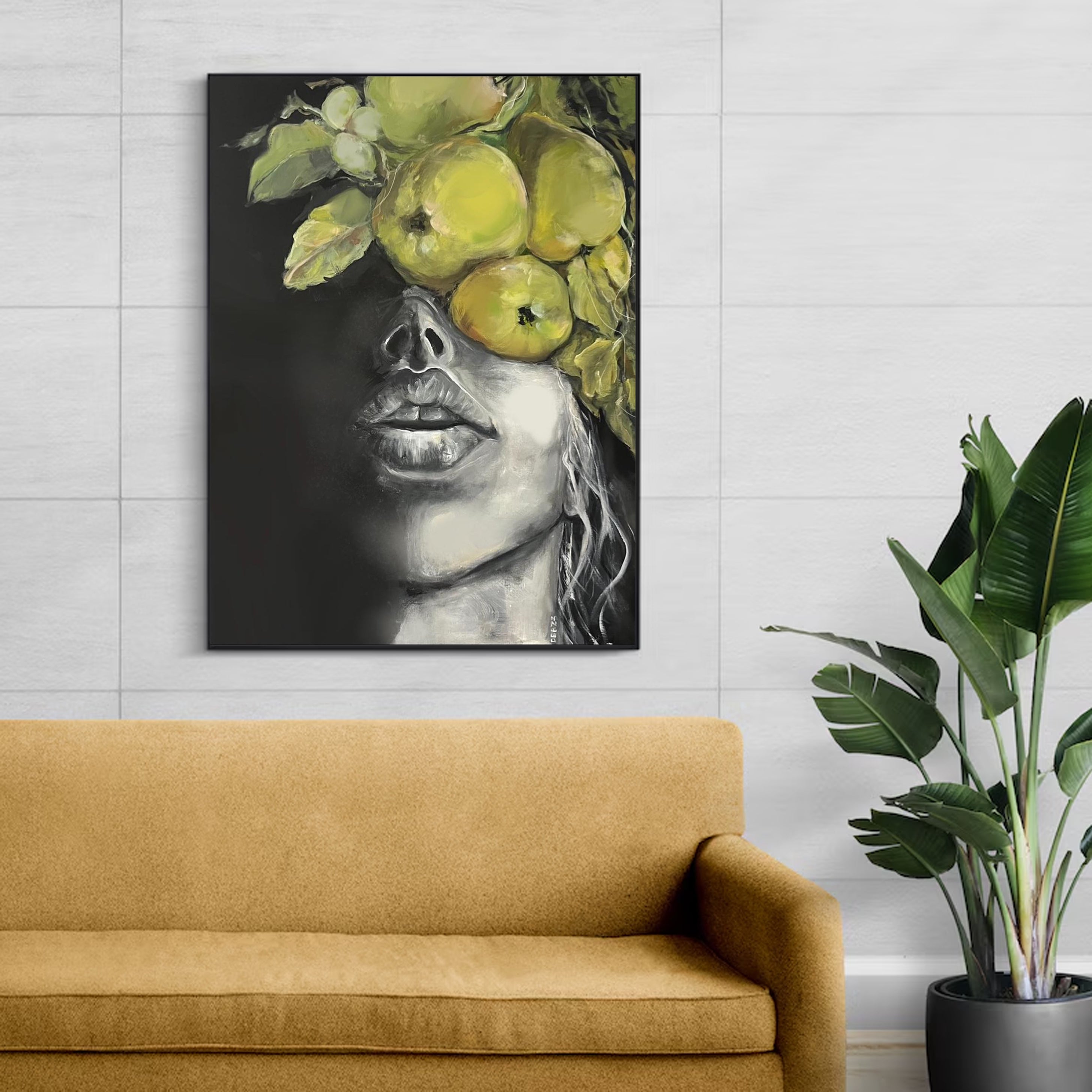 Handmade Portrait Oil Art with Yellow Fruit #HF006