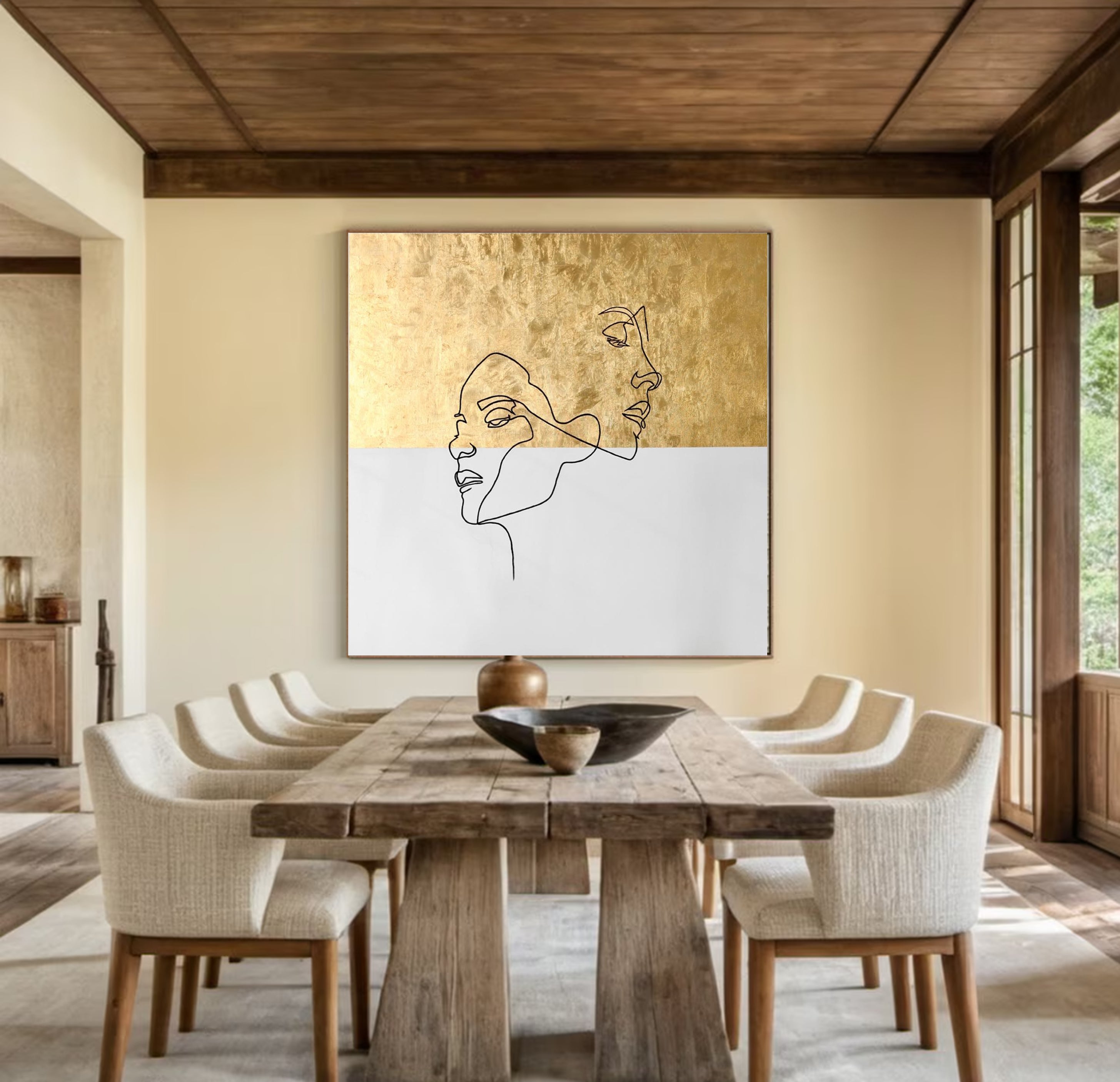 Minimalist Abstract Face Wall Art Gold and White Canvas #HF013