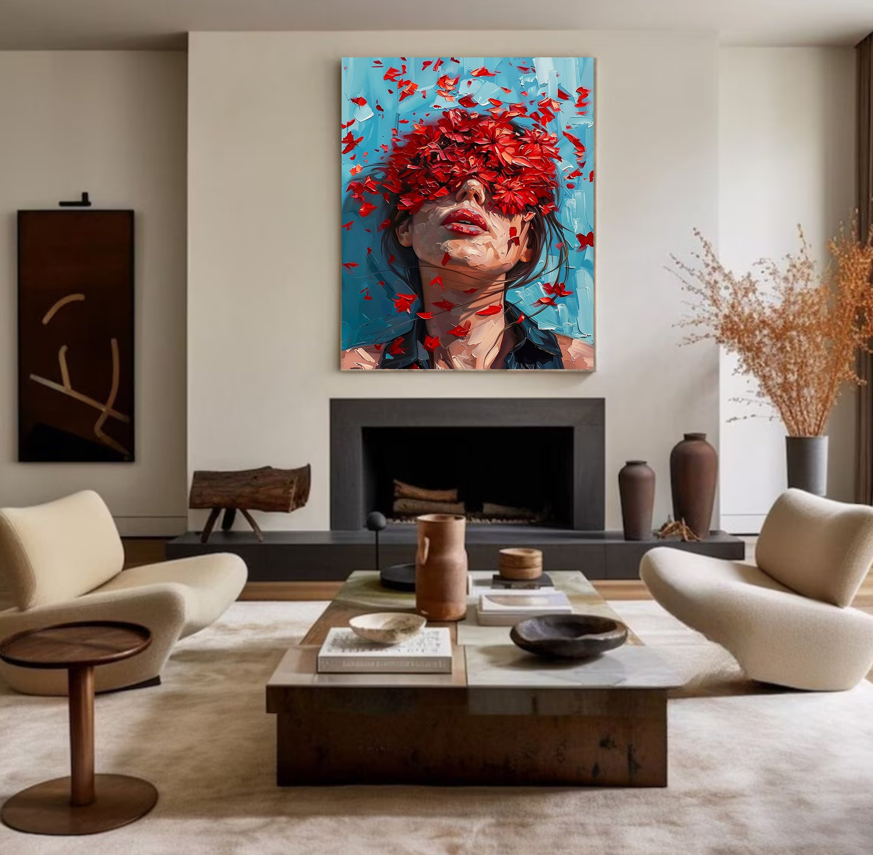 Red Blossoms Art Modern Abstract Female Portrait #HF009