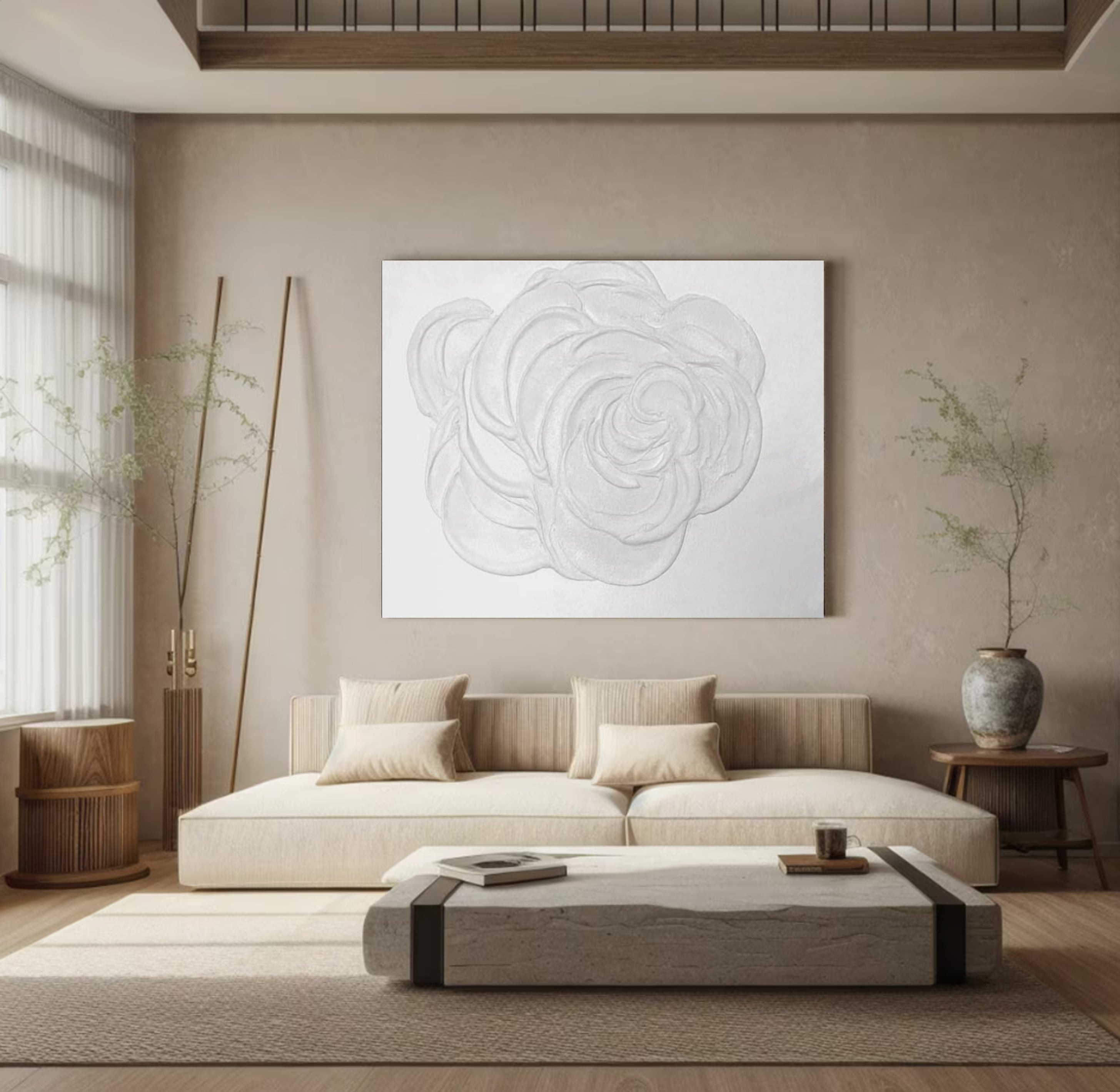 Modern White Rose Canvas Art Textured Floral Painting #FB004