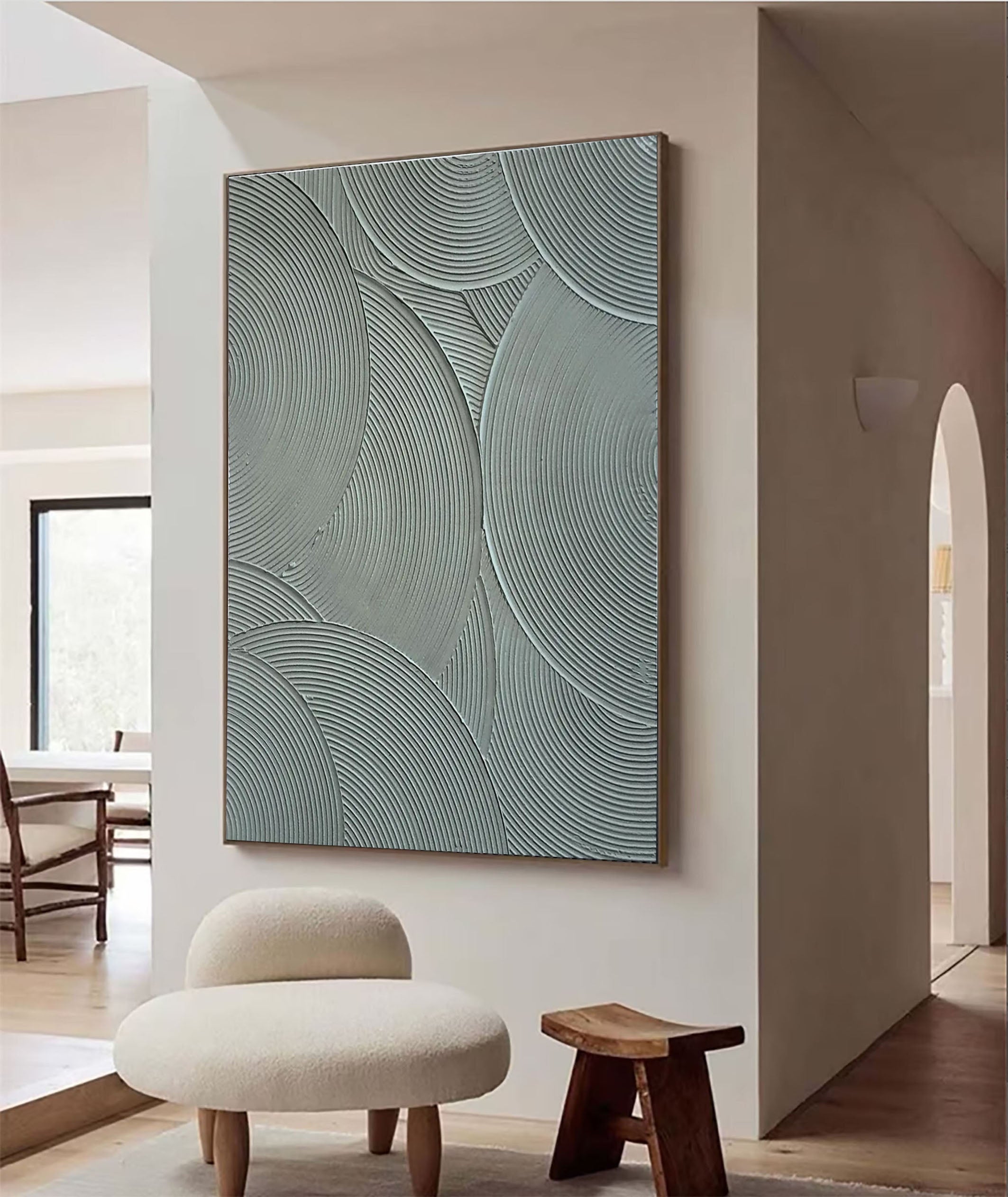 Minimalist Circle Pattern Wall Art Gray-Green Canvas Painting #MM105